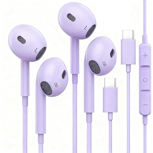 USB C Headphones for iPhone 17, 2 Pack USB Type C Earbuds HiFi Stereo Noise Earphones reduction with Mic&Volume Control for iPhone 17 16 15, iPad Pro
