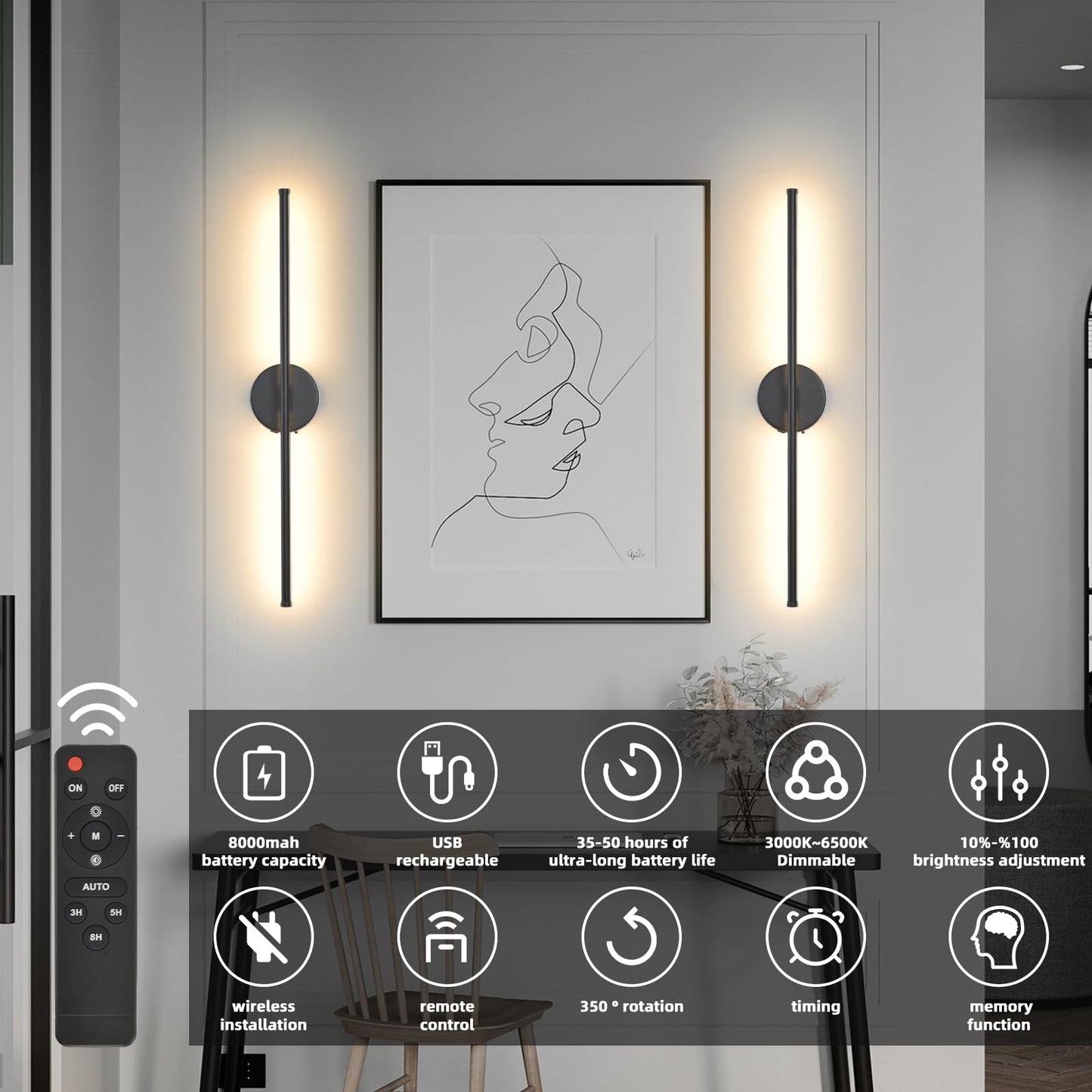 Povectolay Wall Sconces Battery Operated Set of 2, Black LED Wireless Wall Sconce with Remote Control 350° Rotating, 27.6 Inch Dimmable USB