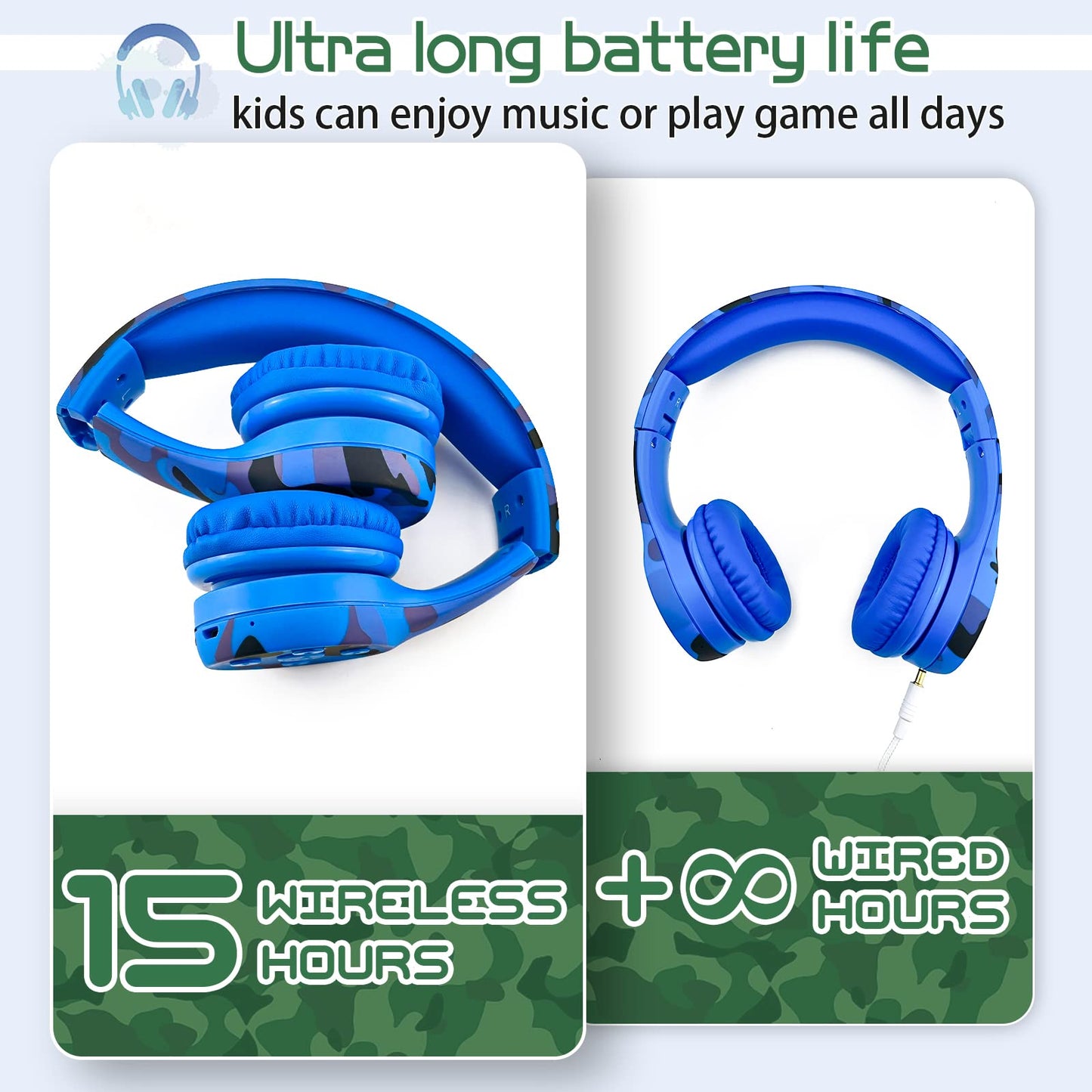 YUSONIC Toddler Headphones Wireless,Kids camo Bluetooth Headphones, 5 Button Easy Use, 93db Foldable with Built-in Mic for Cell Phones TV Tablet…