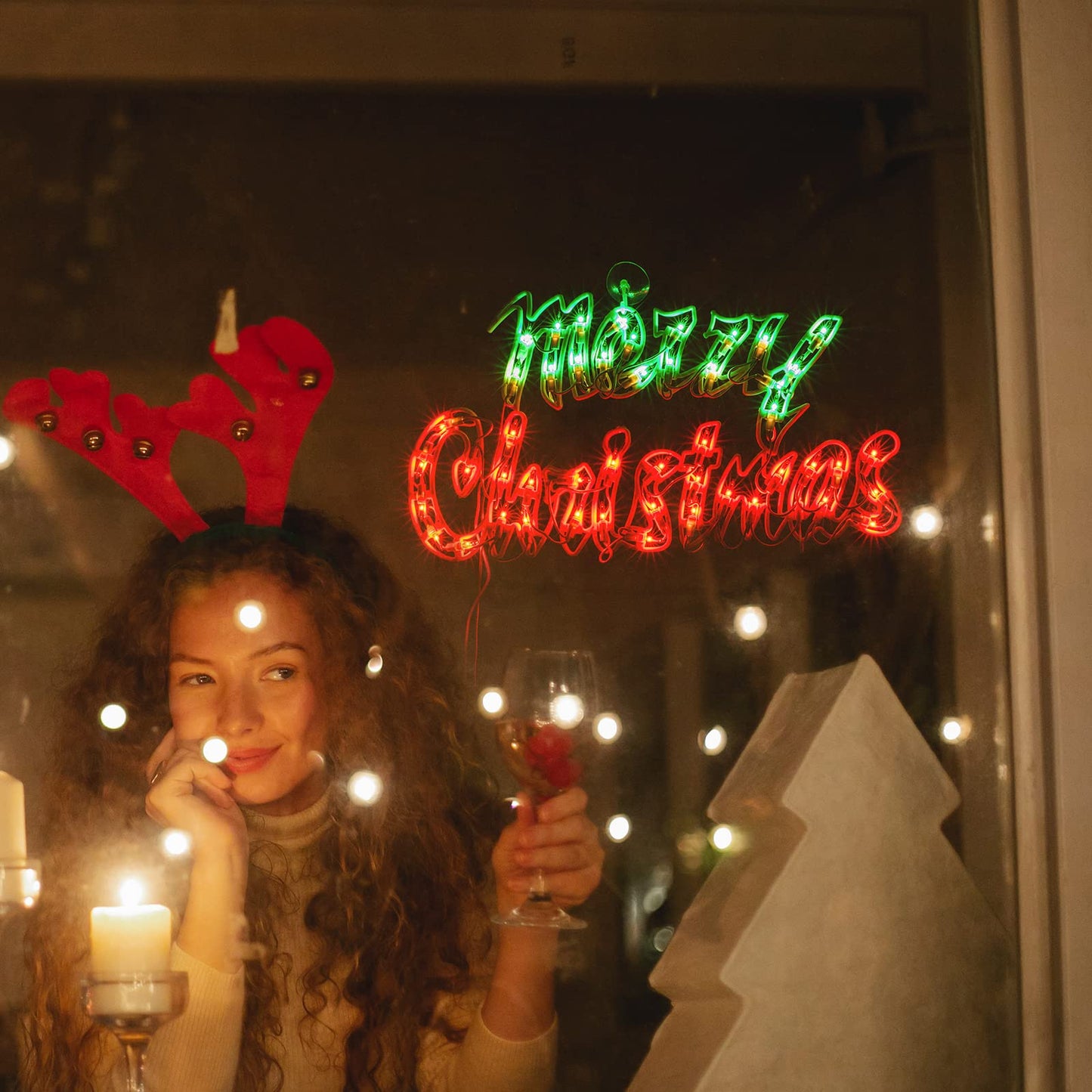 16Inch Merry Christmas Decoration Lights, Christmas Window Silhouette Lights, Double Side Sign Lamp Decoration for Holiday Indoor Wall Door Glass
