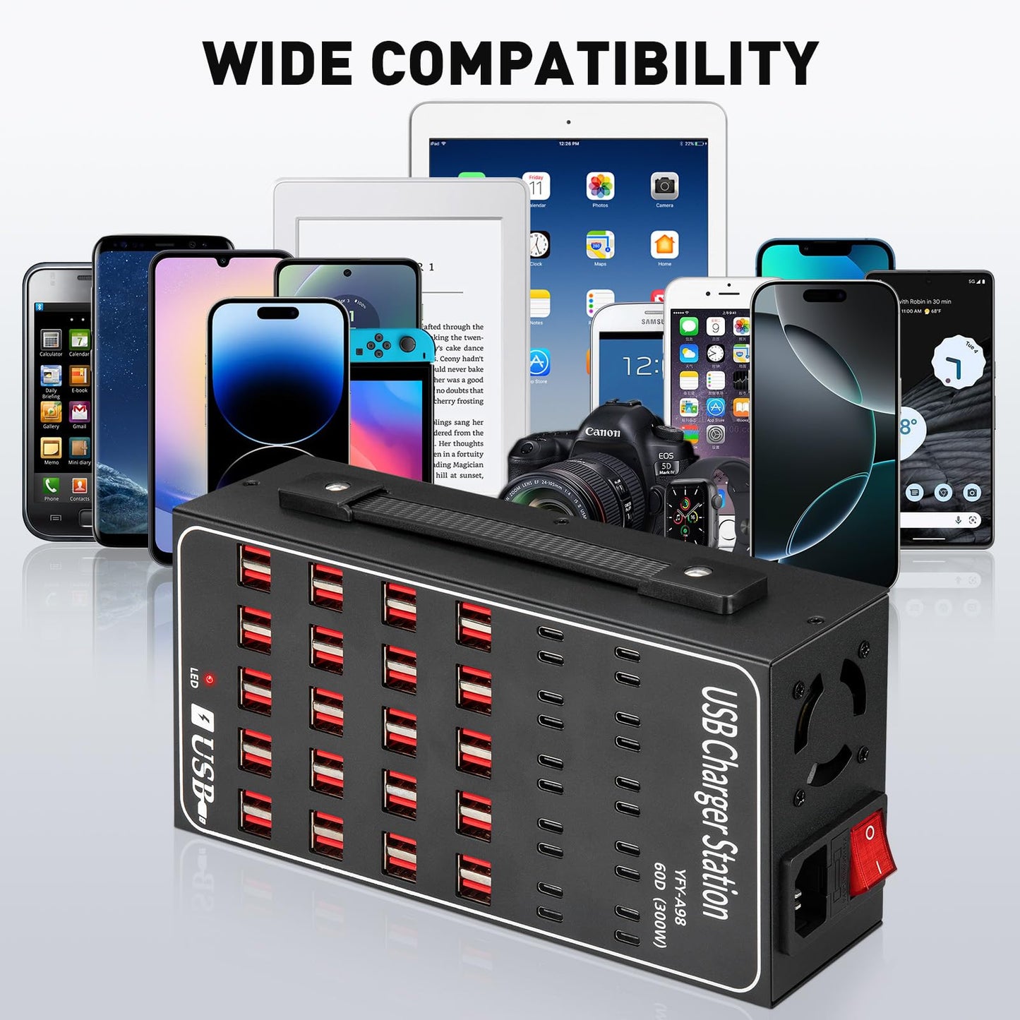 Multiple USB Charging Station 60 Port (40 USB A & 20 USB~C Port), MIXILIN 300W(60A) Fast Charger Station with Power Switch, Desktop USB~C Charger
