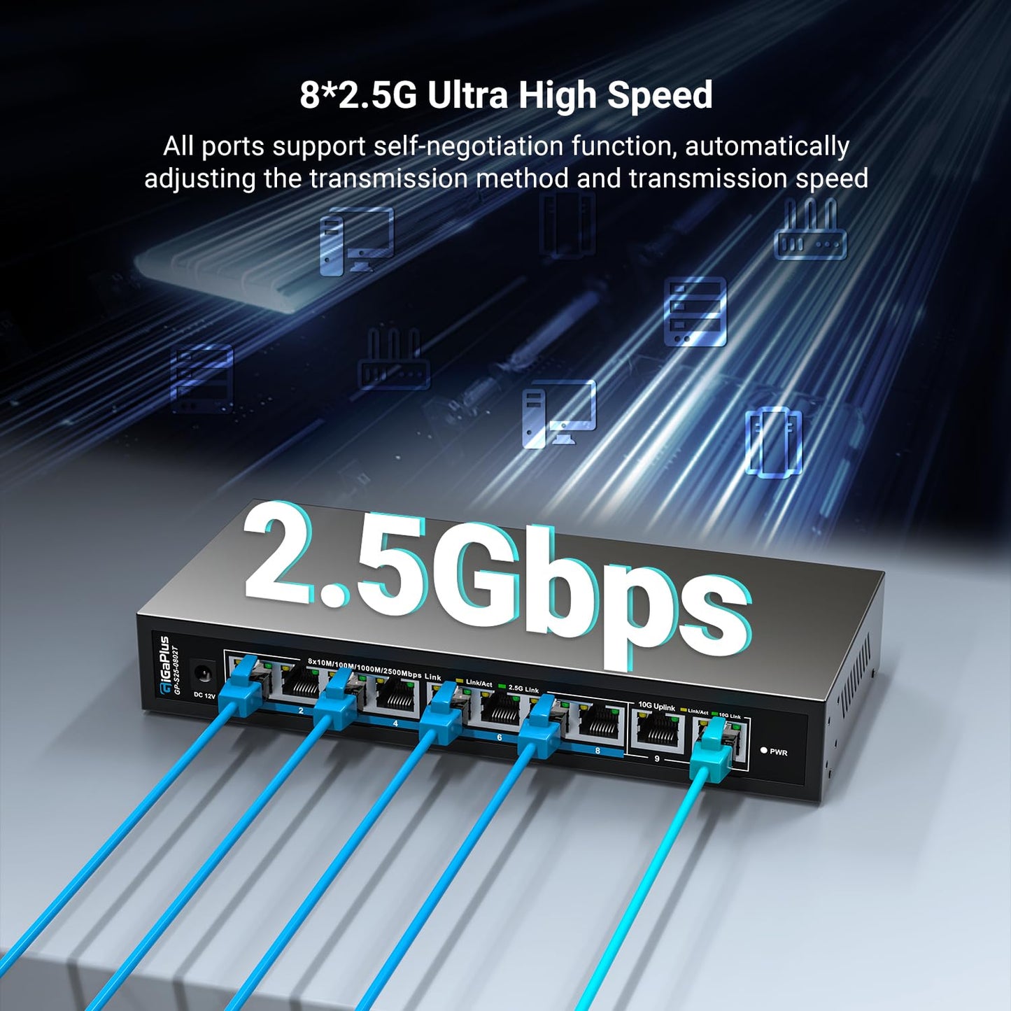10 Ports 10Gb Unmanaged Ethernet Switch with 8*2.5G Base-T Ports, 2*10G RJ45 Ports. 80Gbps Switching Capacity, GiGaPlus 10Gbps Network Switch