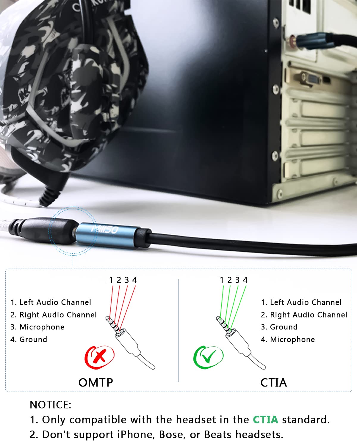 MillSO Headset Splitter, CTIA 3.5mm 2 Male to 1 Female Headphone Adapter with Separate Microphone and Headphone Jack for Gaming Headset to PC