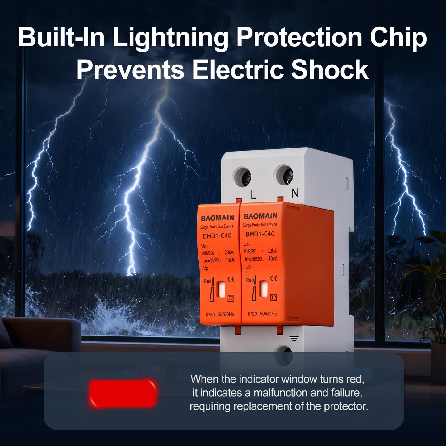 Baomain 2P (1P+N) Surge Protective,420V AC 40kA,BMD1-C40 Single-Phase SPD with Neutral Protection,DIN Rail Mounting,Flame Retardant Housing