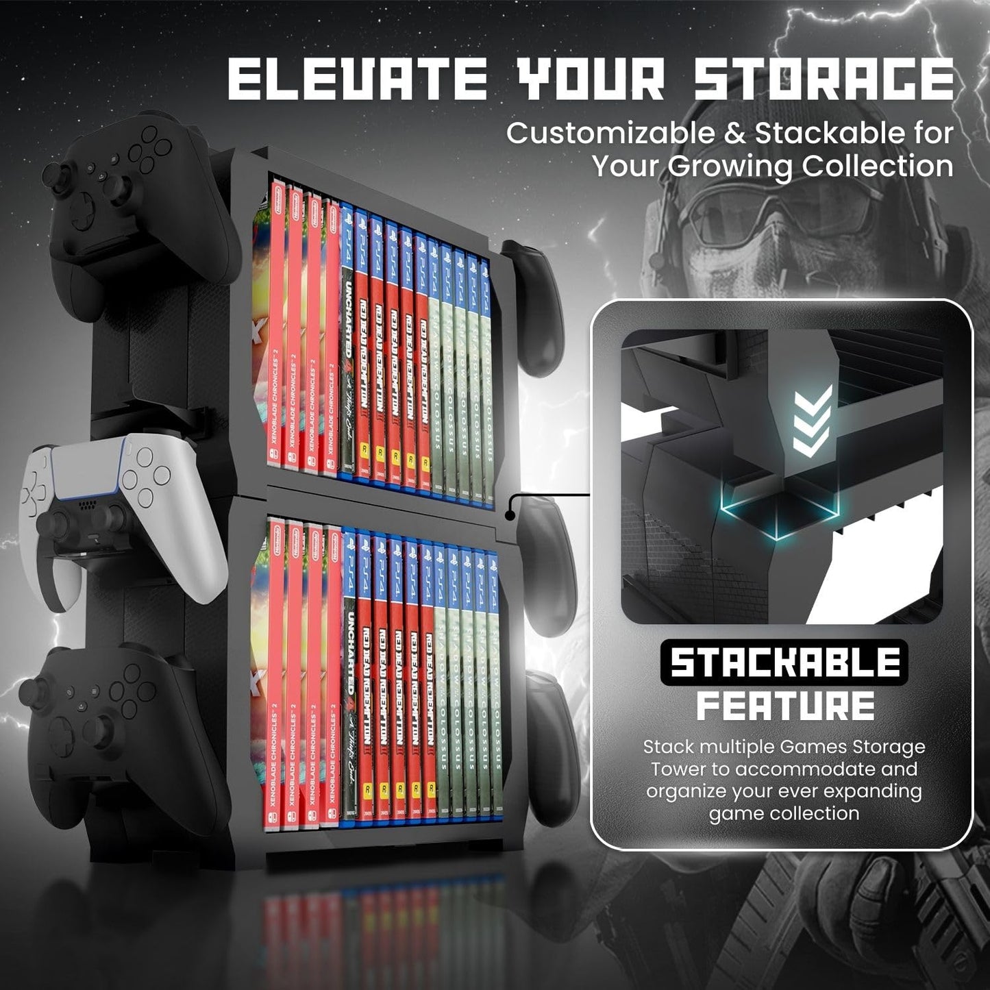 TNP Games Storage Tower (Up to 15 CD Disc) For PS5 Game Disk Rack and Controller Stand Holder For Xbox Series X/Nintendo Switch/PS4 Controller Stand