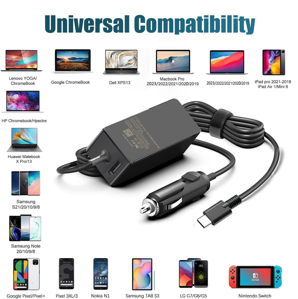 100W USB C Laptop Car Charger for Dell Latitude/Dell XPS, Lenovo Thinkpad/Yoga/IdeaPad, MacBook Pro/Air, HP Spectre/Elitebook, LG Gram, Samsung Acer