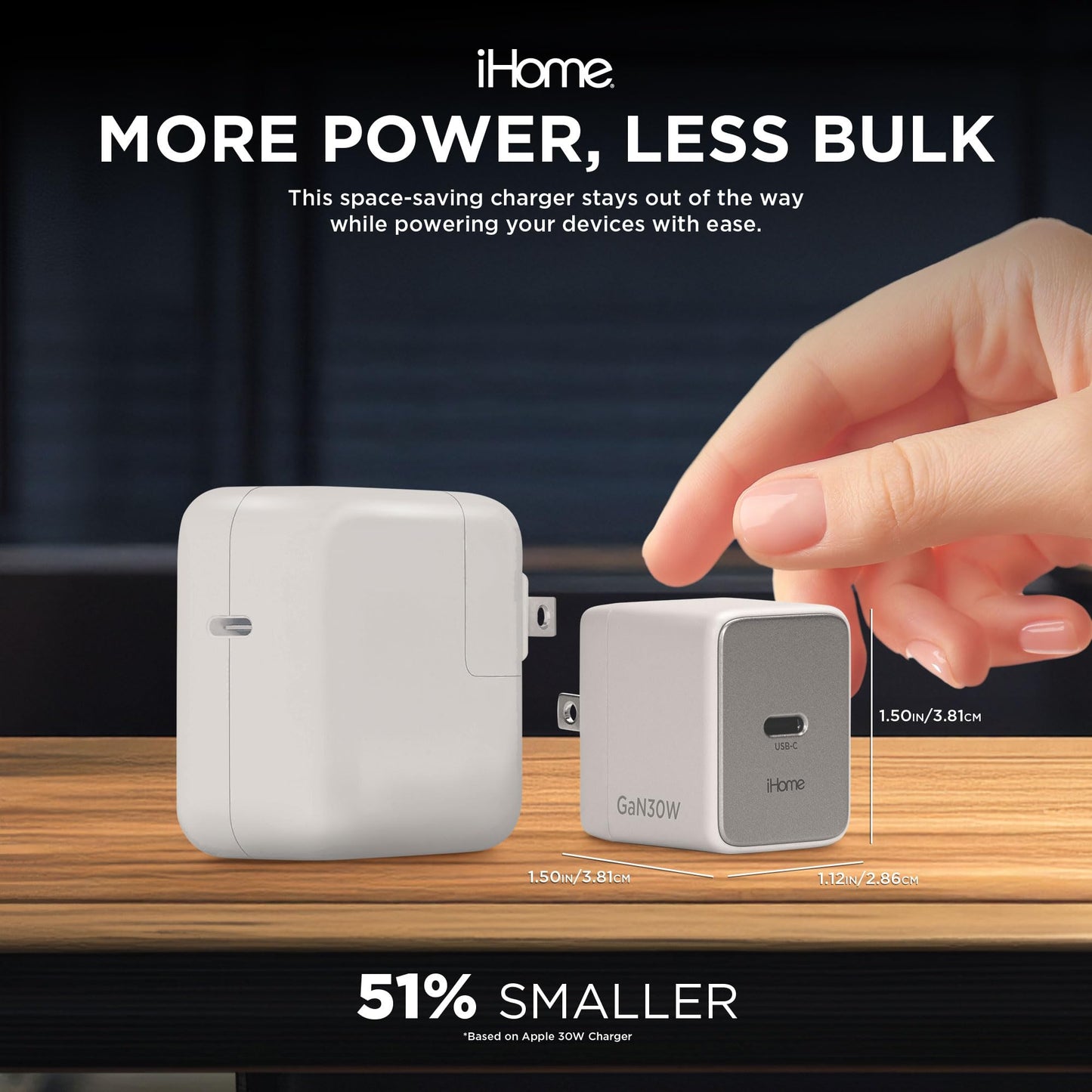 iHome GaN Universal USB-C Charger Block, Power Delivery, Folding Prongs, Compact Travel Design for Phones, Tablets & USB-C Devices (White, 30W)