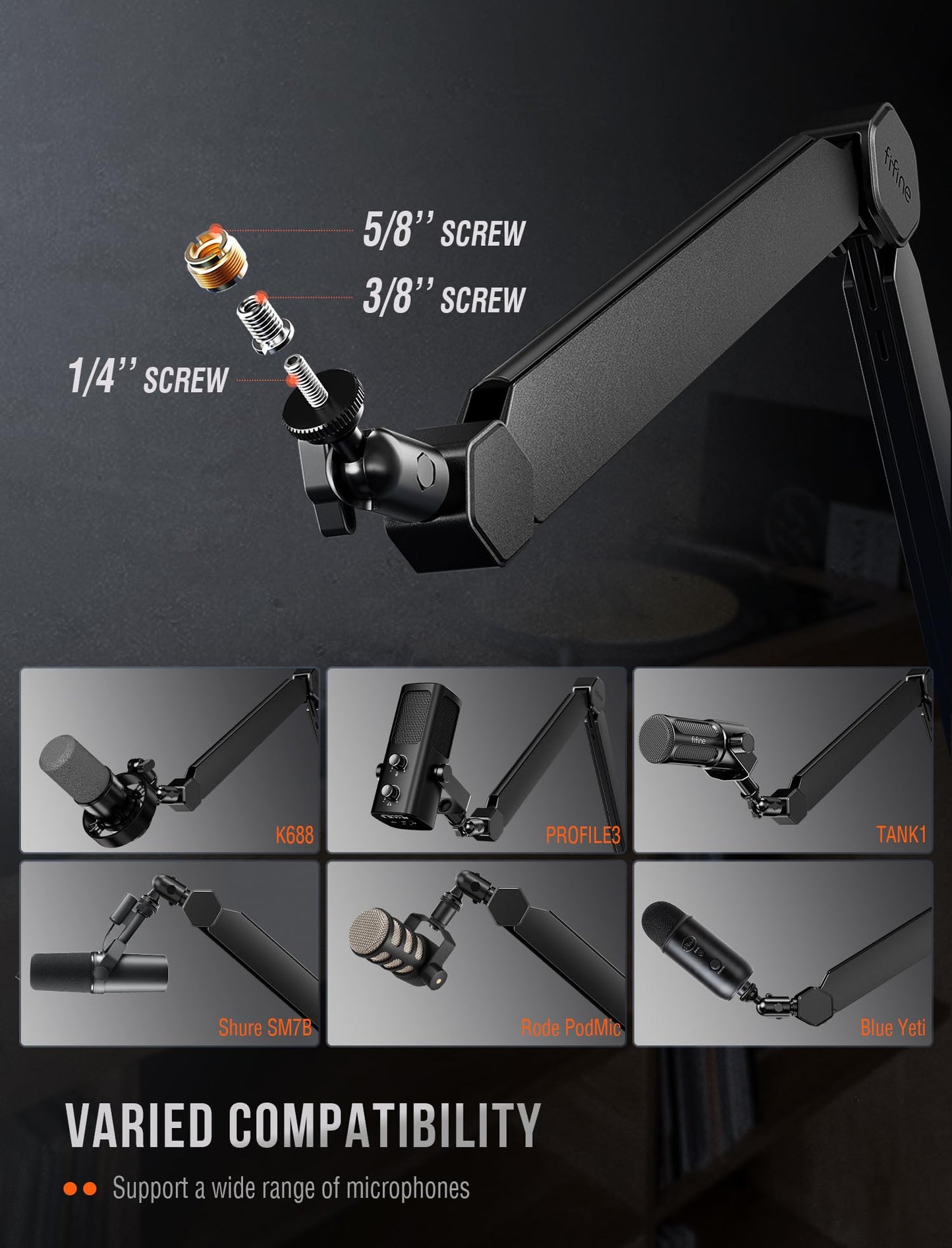 FIFINE Mic Arm Stand, Microphone Boom Arm with Desk Clamp, Cable Channels, 3/8" to 5/8" Threads, Heavy Metal Microphone Stand for Podcast, Vocal