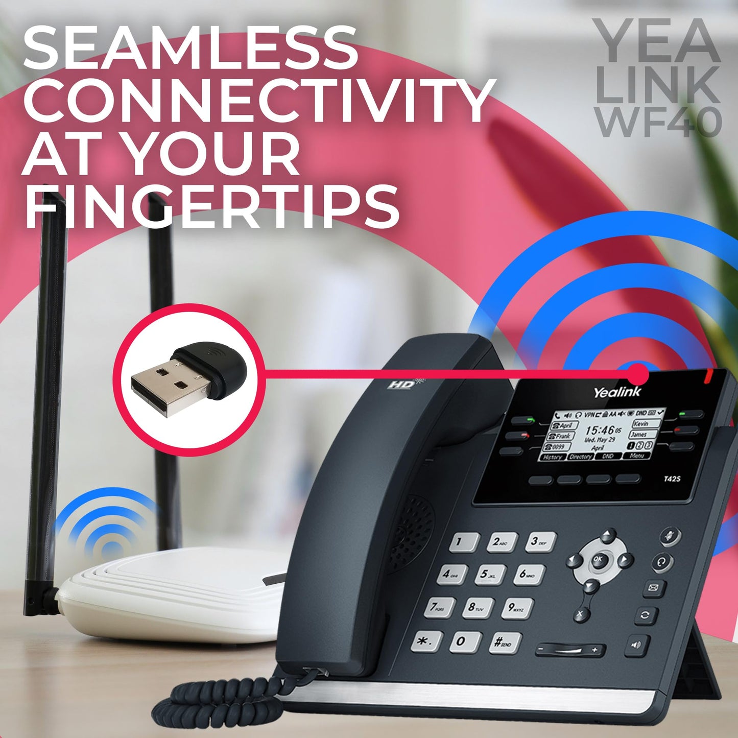 Yealink WF40 USB Wi-Fi Dongle Adapter for Desk Phones - Compatible Phone Models - T46U, T48U,T43U, T44U, T42U, T46S, T48S, T42S,T41S, T53, T52S, T27G