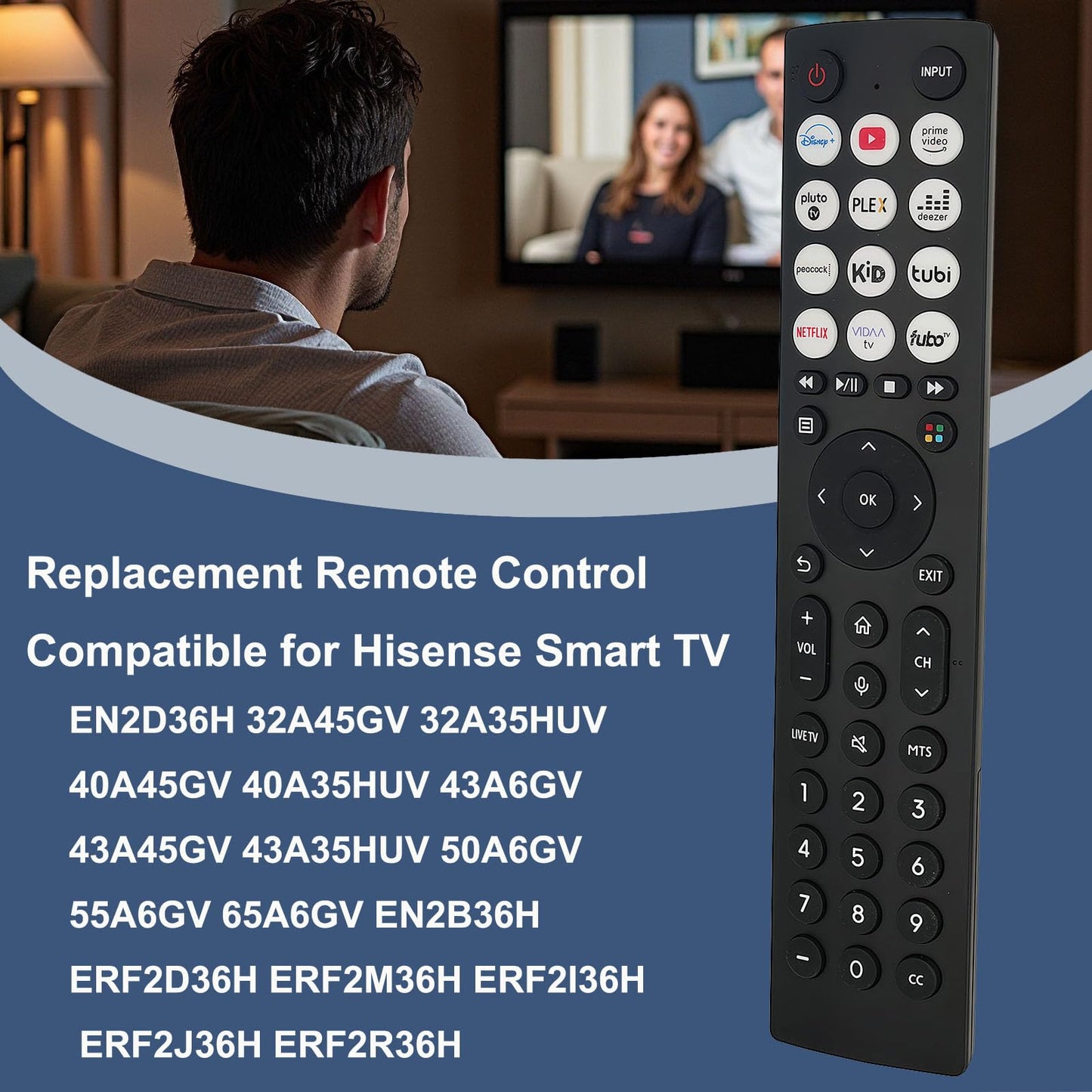 ERF2B36H IR Replacement Remote Control for HISENSE Smart TV EN2D36H 32A45GV 32A35HUV 40A45GV 40A35HUV 43A6GV 43A45GV 43A35HUV 50A6GV 55A6GV 65A6GV