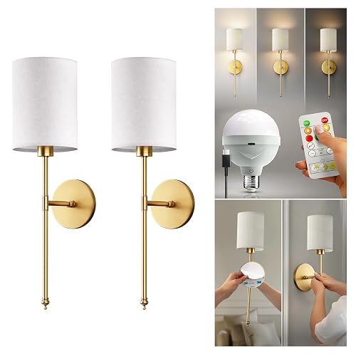 PRIDOLA Set of 2 Wireless Wall Sconces - Stick-On or Screw Mount for Easy Installation with Rechargeable LED Bulbs, Remote Controlled, Adjustable