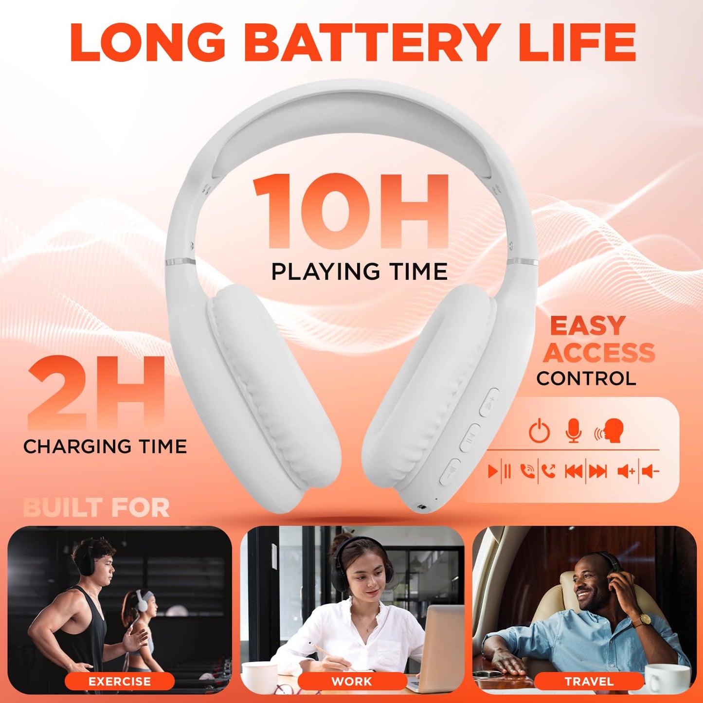 HyperGear Over-Ear Headphones - Wireless Bluetooth Headphones with Noise Isolation, Built-in Mic, Soft Memory Foam Cups for All-Day Comfort, White