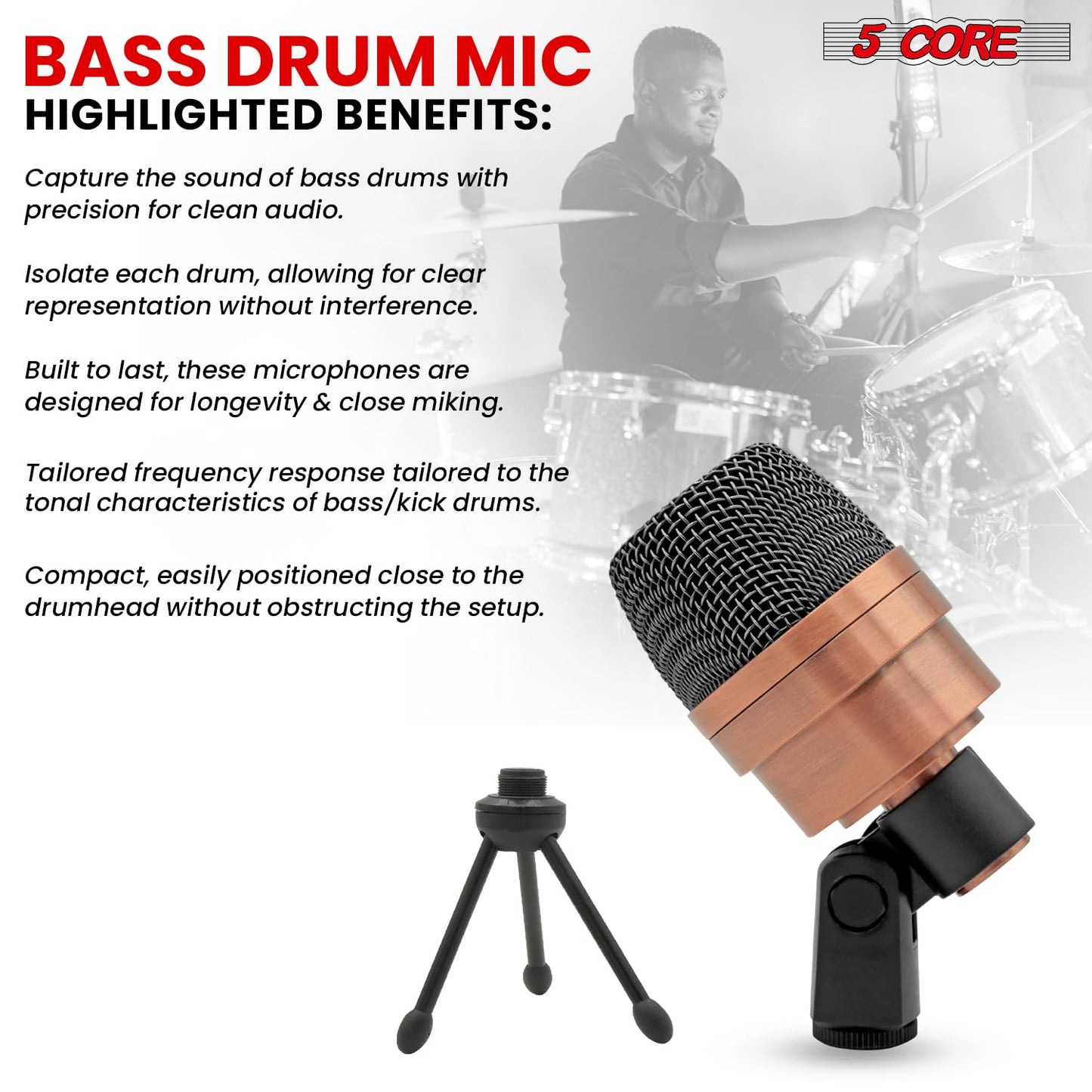 5 CORE Tom Microphone Copper Finish XLR Wired Uni Directional Snare Drum and Other Musical Instrument Mic w Swivel-Mount Steel Mesh Grille Tripod