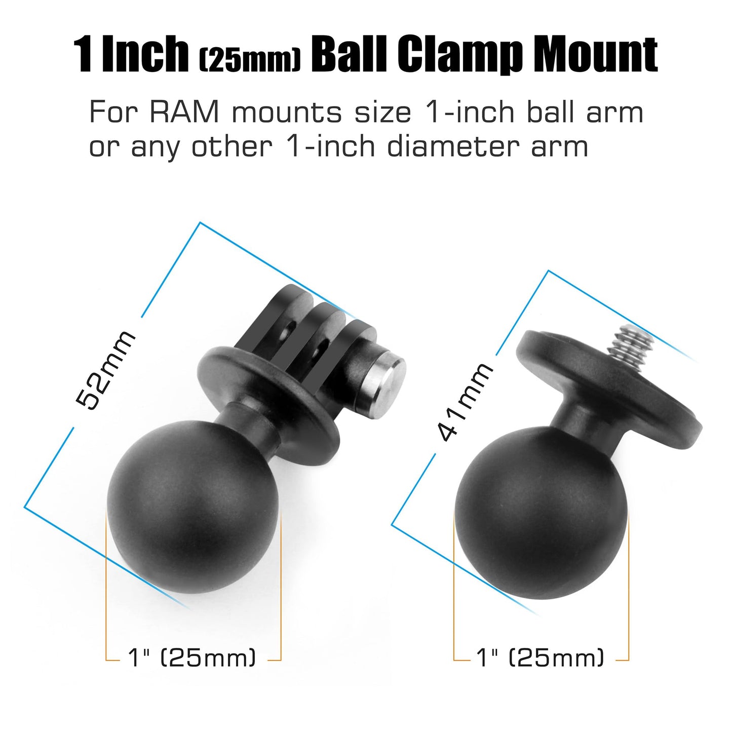 GEPULY 2pcs 1''/25mm Ball Head Mount 1/4"-20 Threaded Stud+Tripod Adapter for Gopro Hero Series/AKASO/Insta360/DJI OSMO Action Camera, Fit RAM Ball