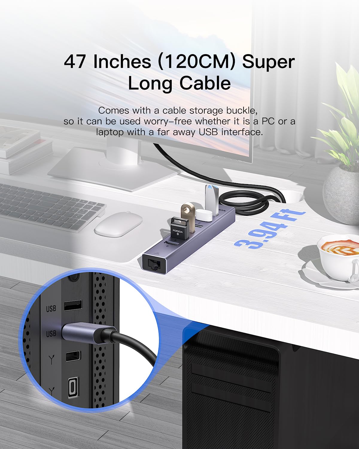 FORIDA Aluminum USB to Ethernet Adapter with 7-Port USB Hub - 3.9ft Long Cable, Gigabit Ethernet Port, 5V/3A Power Port | USB Extender Compatible