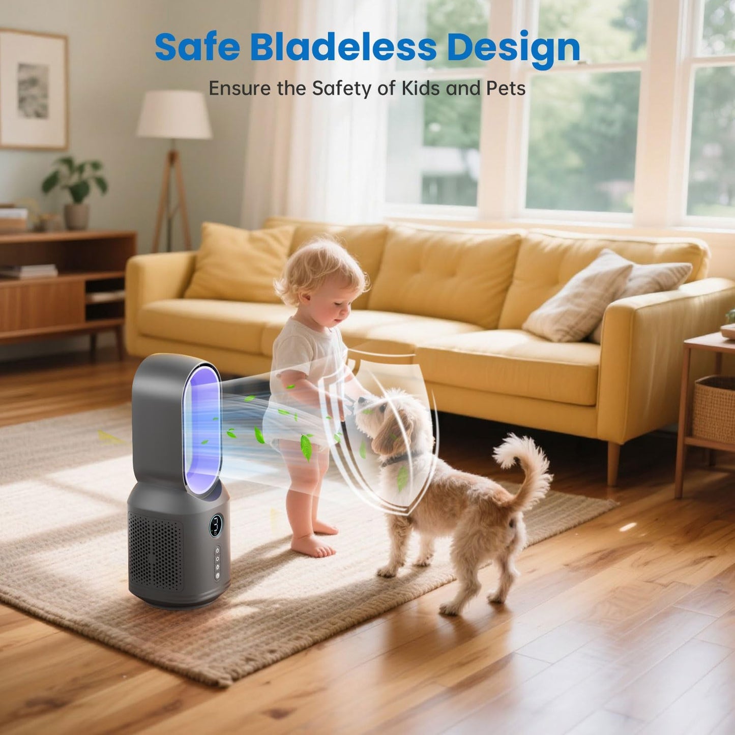 Bladeless Desk Fan, 13 Inch Quiet Oscillating with 106° Rotation, Battery Operated Portable Table Fan, 3 Speeds & Night Light, LED Display, Button