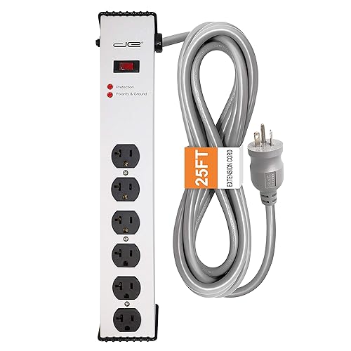 Digital Energy 20 Amp 6-20/T- Slot Plug | 25-Ft Cord - 900 Joule Surge Protector | 6-Outlet, Heavy Duty Steel Body Power Strip