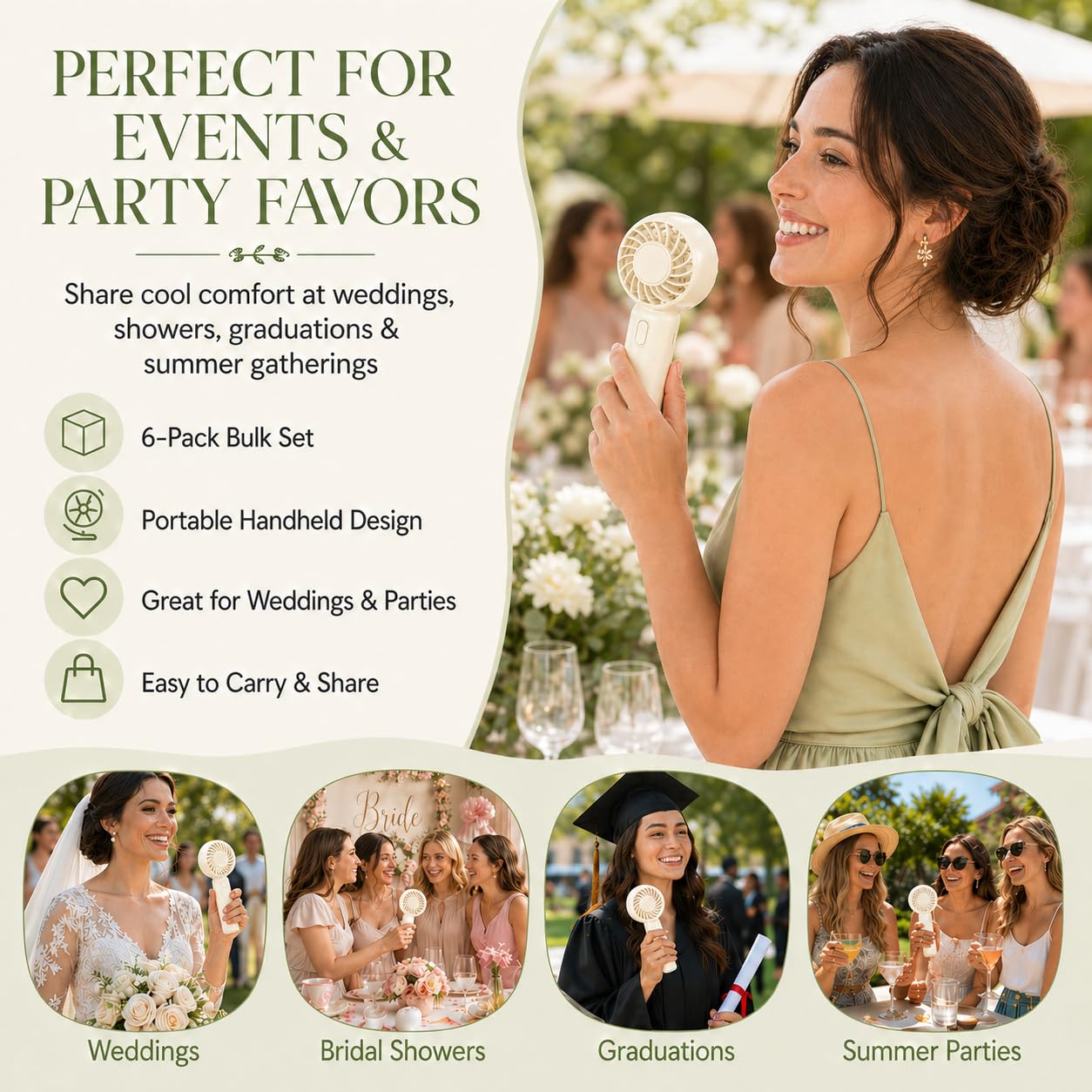 AURAELOS 6 Pack Mini Fans, USB Rechargeable, Wedding Favors, Ivory