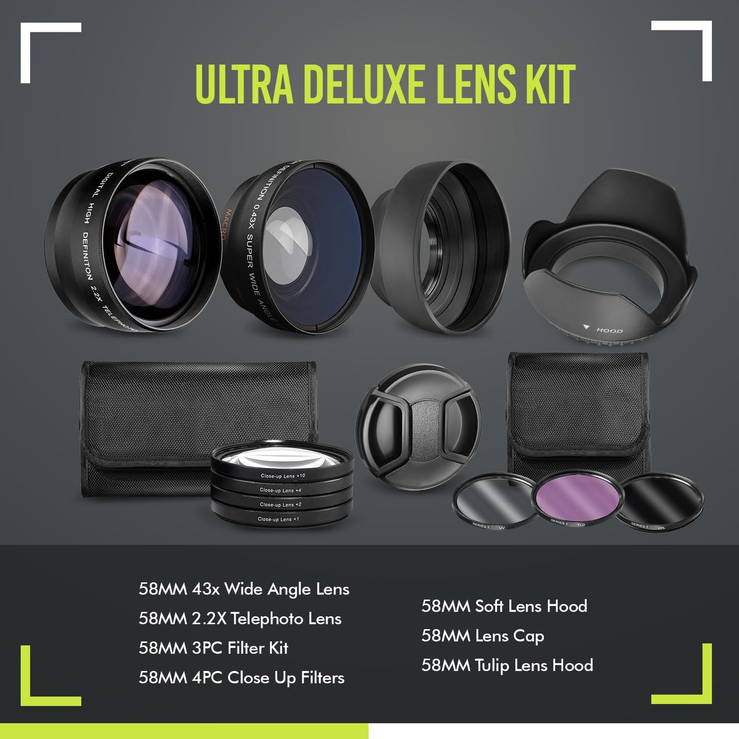Ultra Deluxe Lens Kit for Canon Rebel T3, T5, T5i, T6, T6i, T7, T7i, EOS 80D, EOS 77D Cameras with Canon EF-S 18-55mm is II Lens - Includes: 7pc 58mm