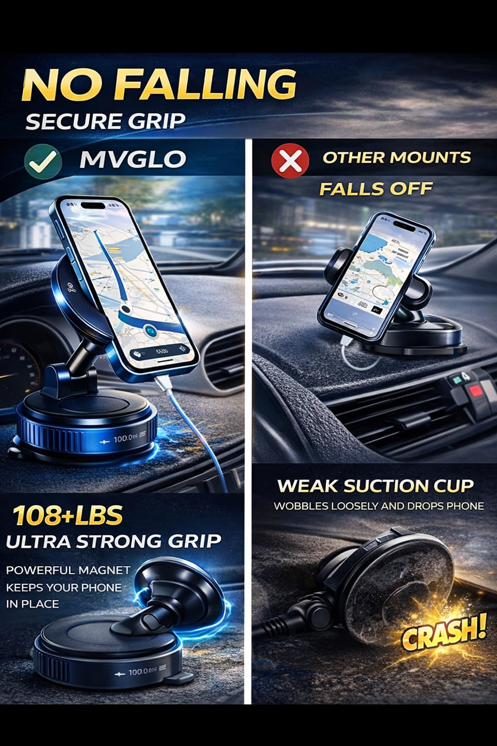 MVGLO Magnetic Car Phone Mount with Vacuum Suction, 108+ lbs Strong Hold, 360° Rotation, Dashboard & Windshield Holder for iPhone 15, 14, 13, 12