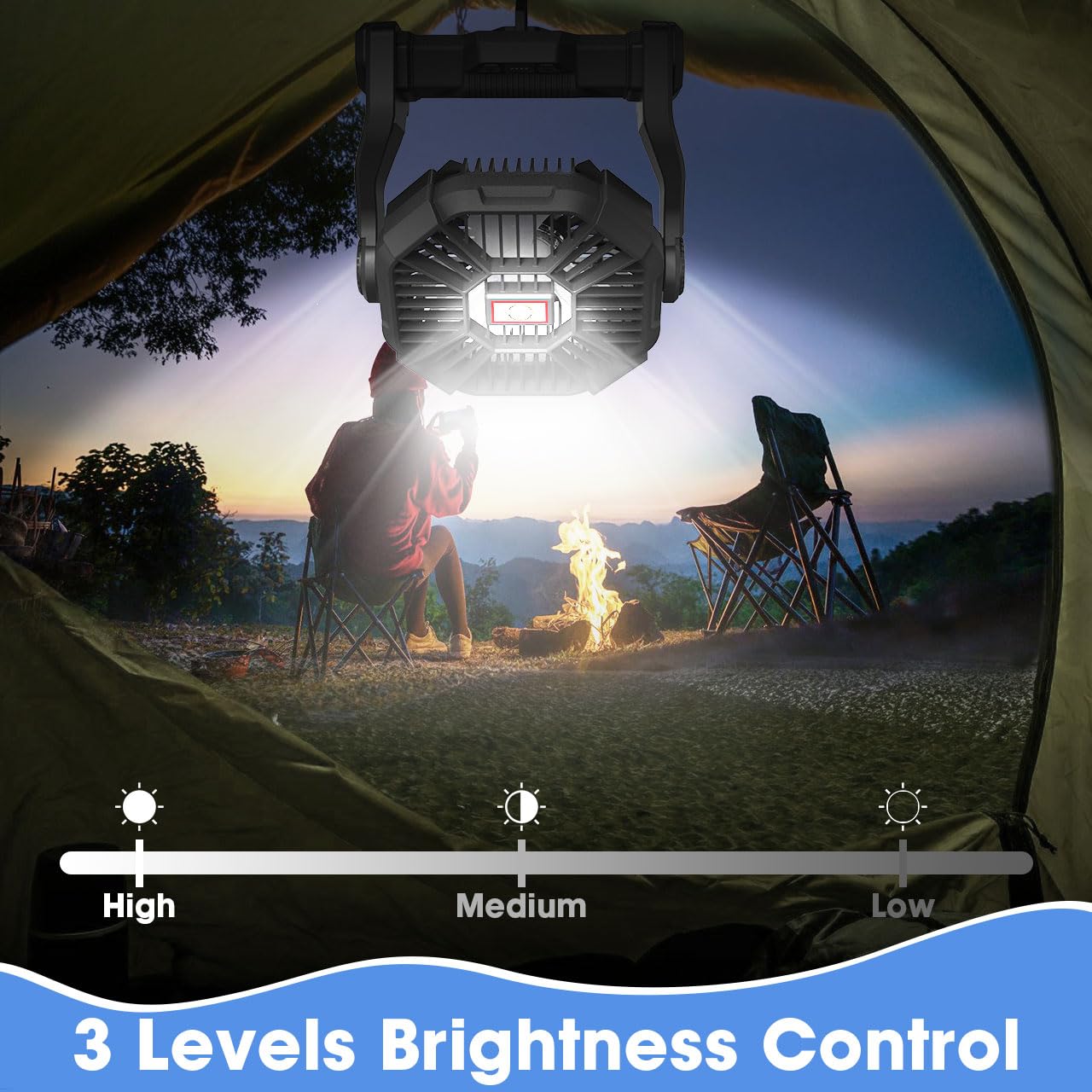 Portable Camping Fan with LED Light, 20000mAh Rechargeable Battery, Adjustable Brightness & Speed, Hanging & Handheld Design, Long-lasting Power