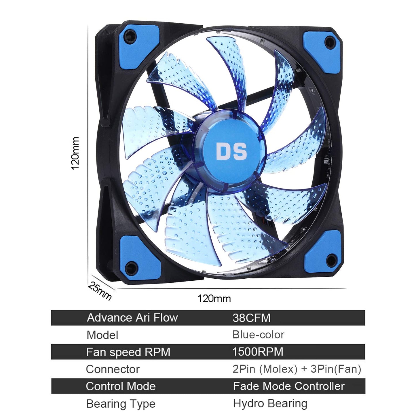 DS Blue PC Lighting, Computer Case Fan 120mm Cooling Case Fan for Computer Cases, LED Low Noise Cooling Fan for CPU Cooler and Radiators (2pack LED