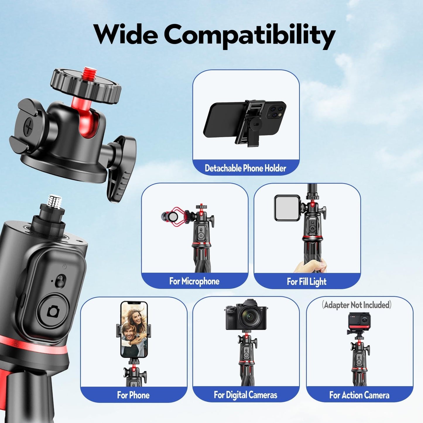 Fotopro Flexible Phone Tripod, Mini Camera Tripod with Wireless Remote Phone Holder, 360° Rotation Extendable Phone Tripod Stand for Video Recording