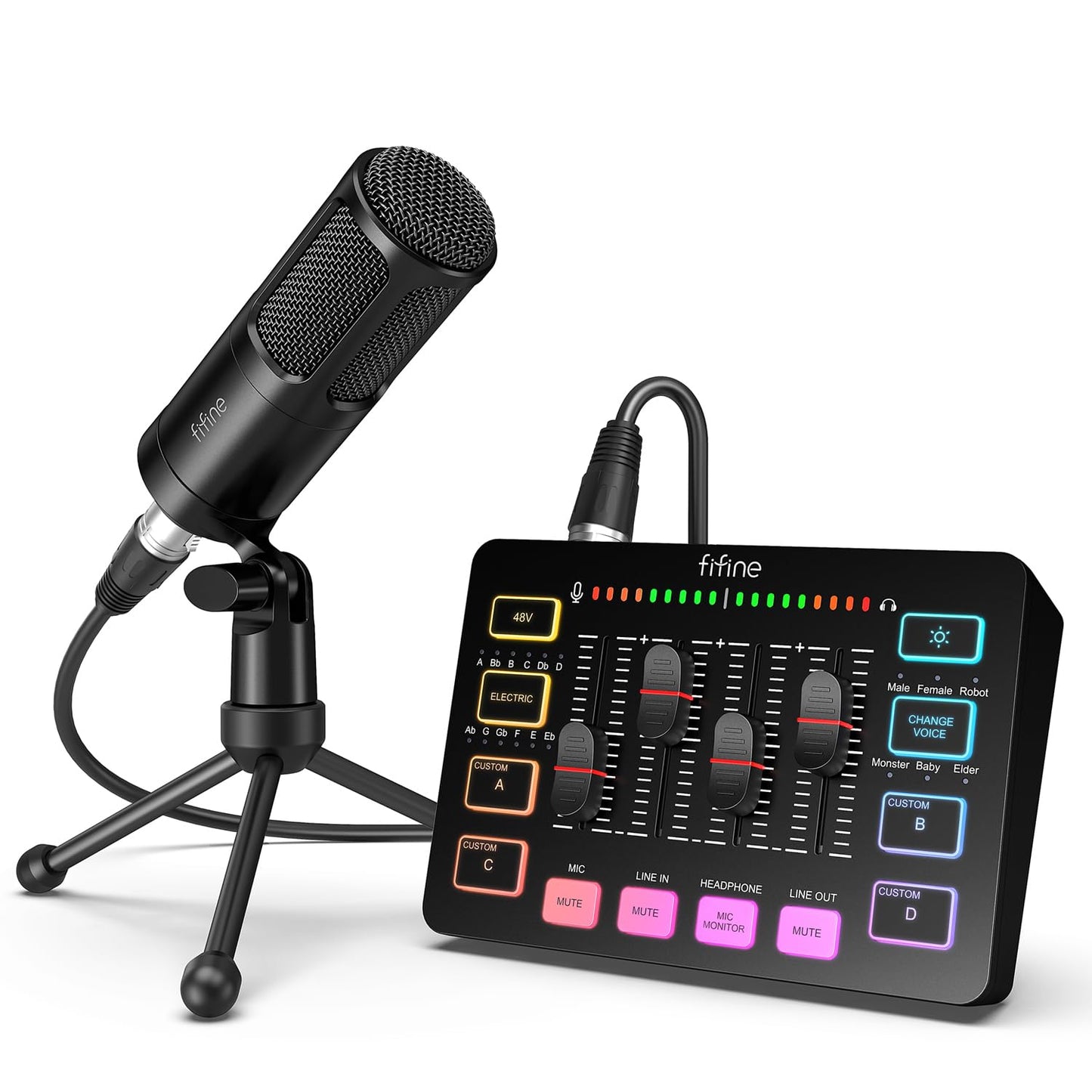FIFINE Audio Equipment Bundle for Gaming Podcast, Streaming RGB Mixer Set with XLR Dynamic Vocal Microphone, Voice Recording Kit Set with Volume