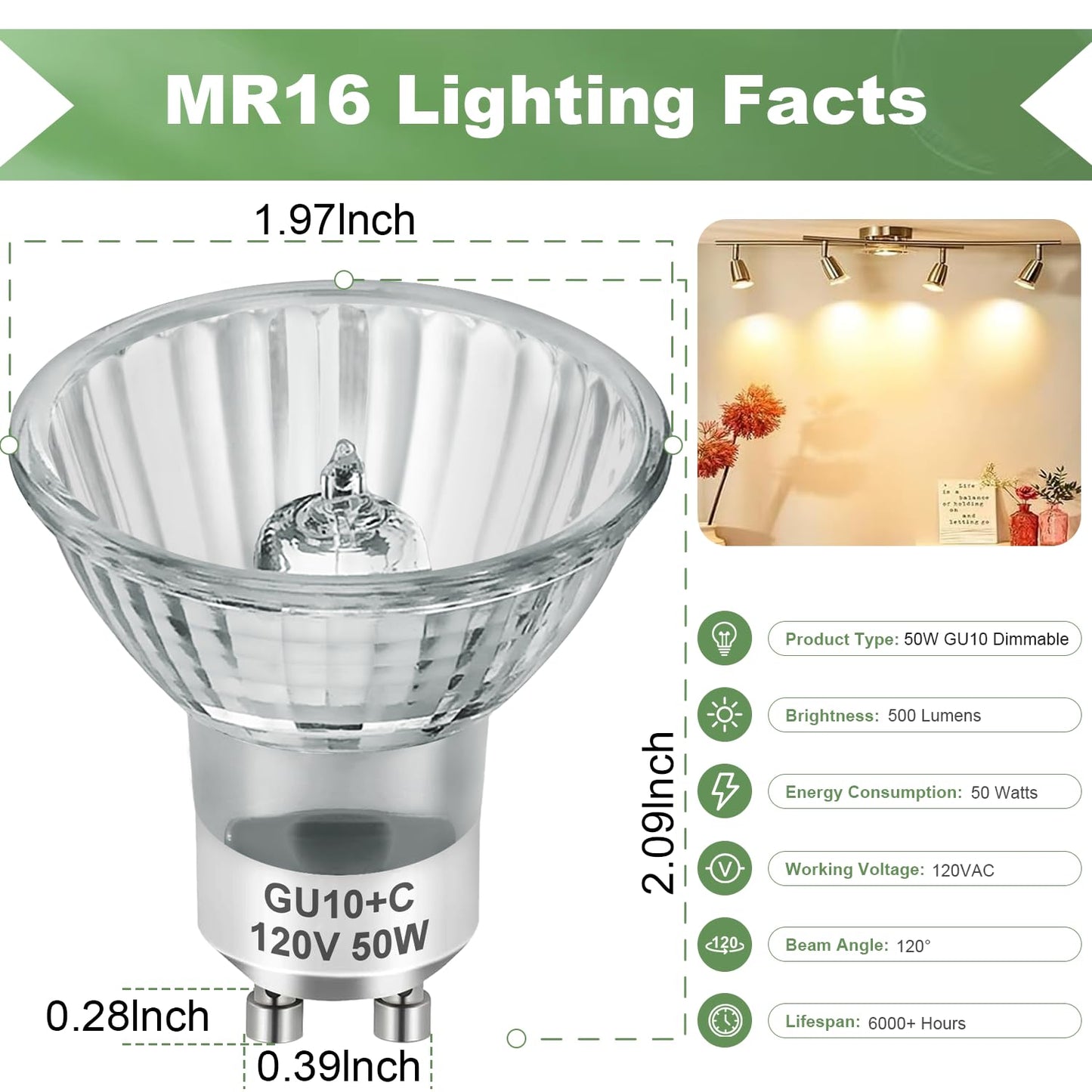 SerBion GU10 120V 50W Halogen Light Bulbs for Track and Range Hood, GU10+C Candle Warmer Lamp with Dimmable, 2700K Warm White, 6000+Hours Long-Lasting