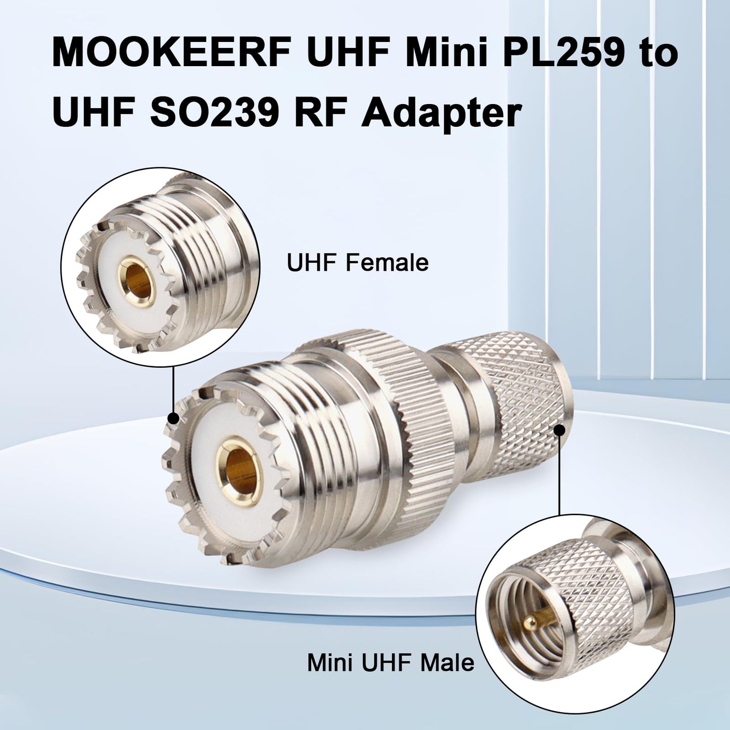 MOOKEERF Mini UHF PL259 to UHF SO239 Connector - mini UHF Male to UHF Female Coax Adapters RF Adapter 2Packs