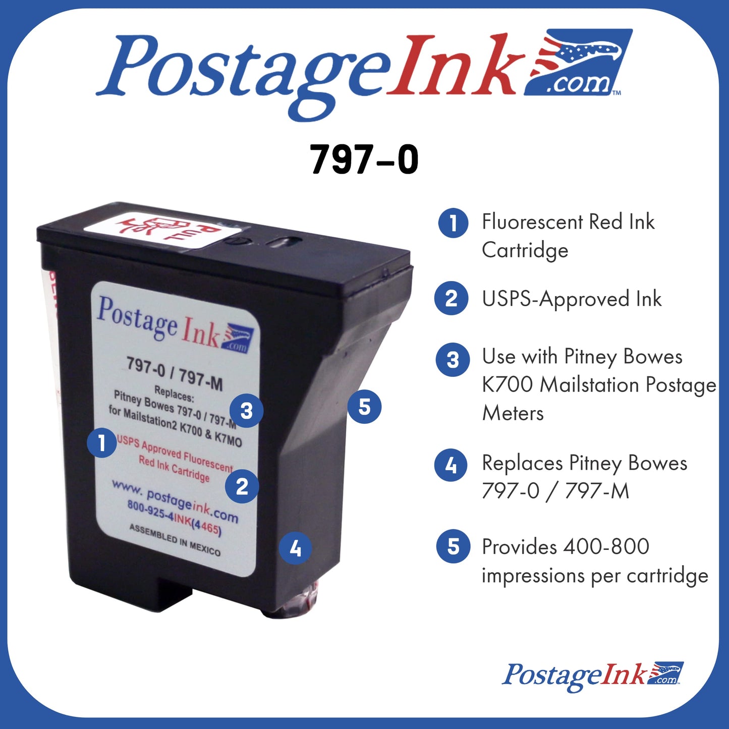 PostageInk.com 797-0/797-M Ink Cartridge Replacement for use with mailstation (K700) and mailstation 2 (K7M0) Postage Meters