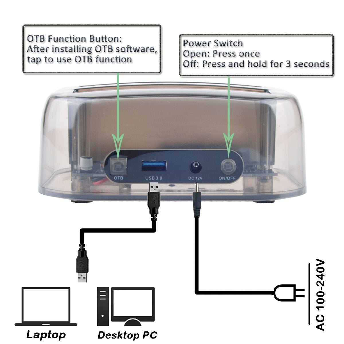 Tccmebius TCC-S865 USB 3.0 to SATA IDE Dual Slots External Transparent Hard Drive Docking Station with Card Reader and 2 Ports USB 3.0 Hub for 2.5 3.5