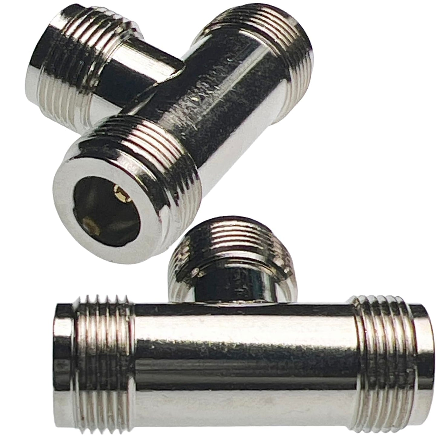 CESS N-Type Female 3-Way Coax T Splitter Adapter, Nickel, 2 Pack