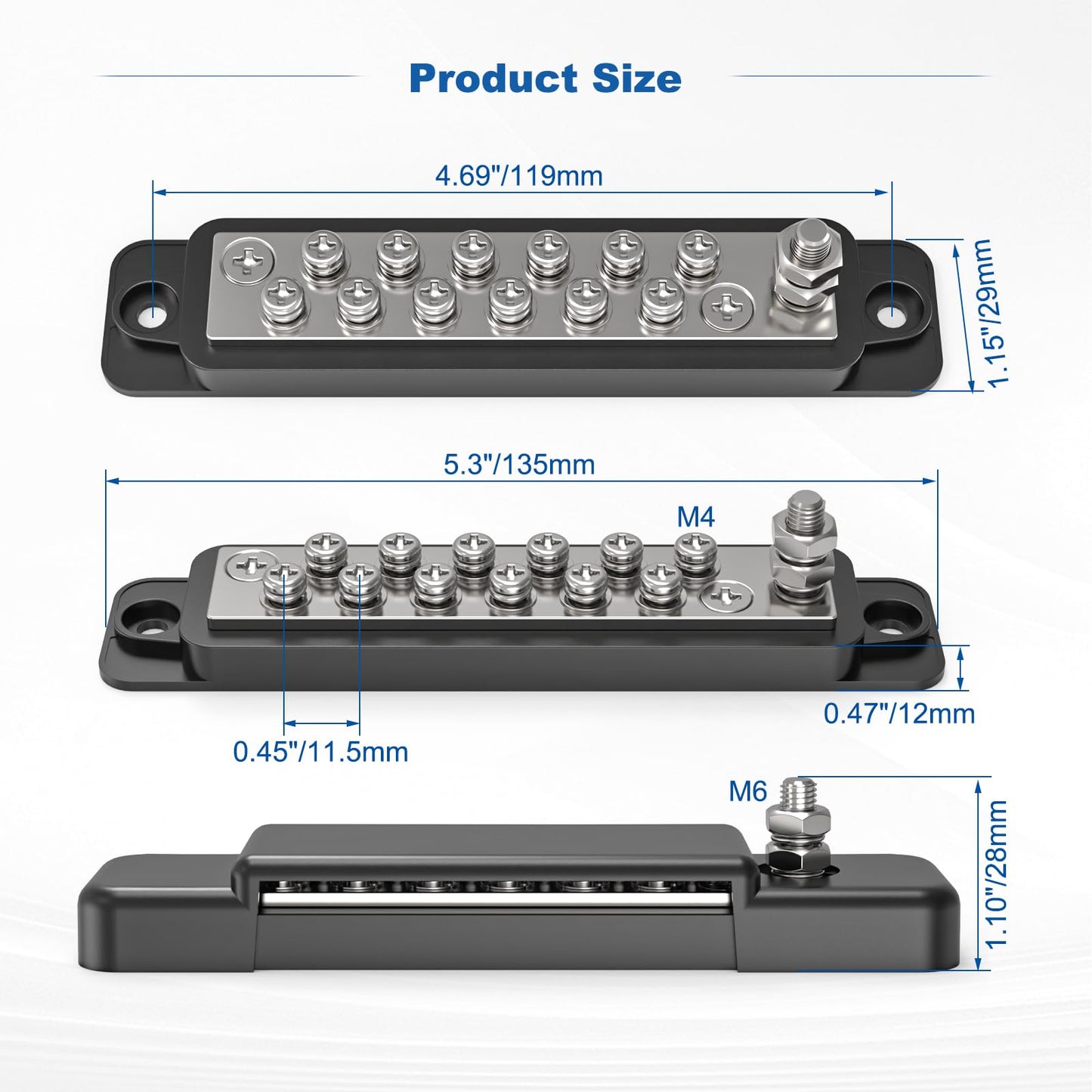 Buhobha 150A 12V/48V Heavy Duty Power Distribution Busbar - Bus Bar 12 Volt DC | 1/4" (M6) Main Stud + 20 M4 Terminals | Suitable
