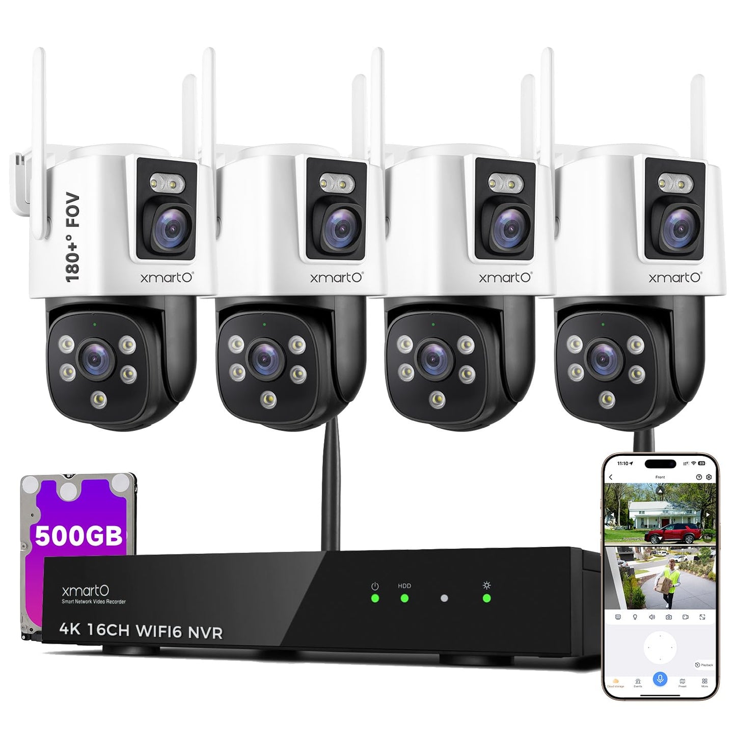 xmartO 4 Dual-Lens Wireless Camera Kit, 8-View WiFi6 Mesh Long Range Security System, 16CH 4K Dual Band NVR, 4MP 180° Static FOV & 360°PTZ AI