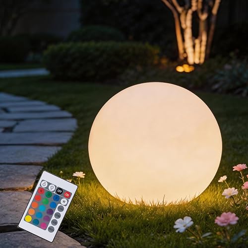 FANOAULEA 12 Inch Ball Light, Outdoor Glow Globe Light with Remote Control, LED Solar Gazing Ball Night Light 16 Modes RGB Color Changing, Waterproof
