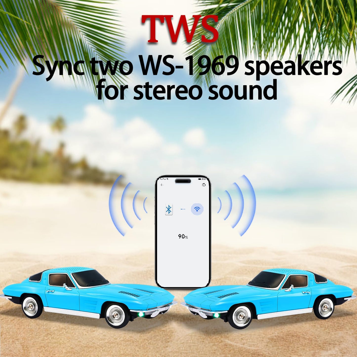 WSTER WS-1969 Retro Sports Car Bluetooth Replica Speaker - Portable Wireless Model with HD Sound, TWS Stereo Pairing, FM Radio, USB/TF Playback, LED