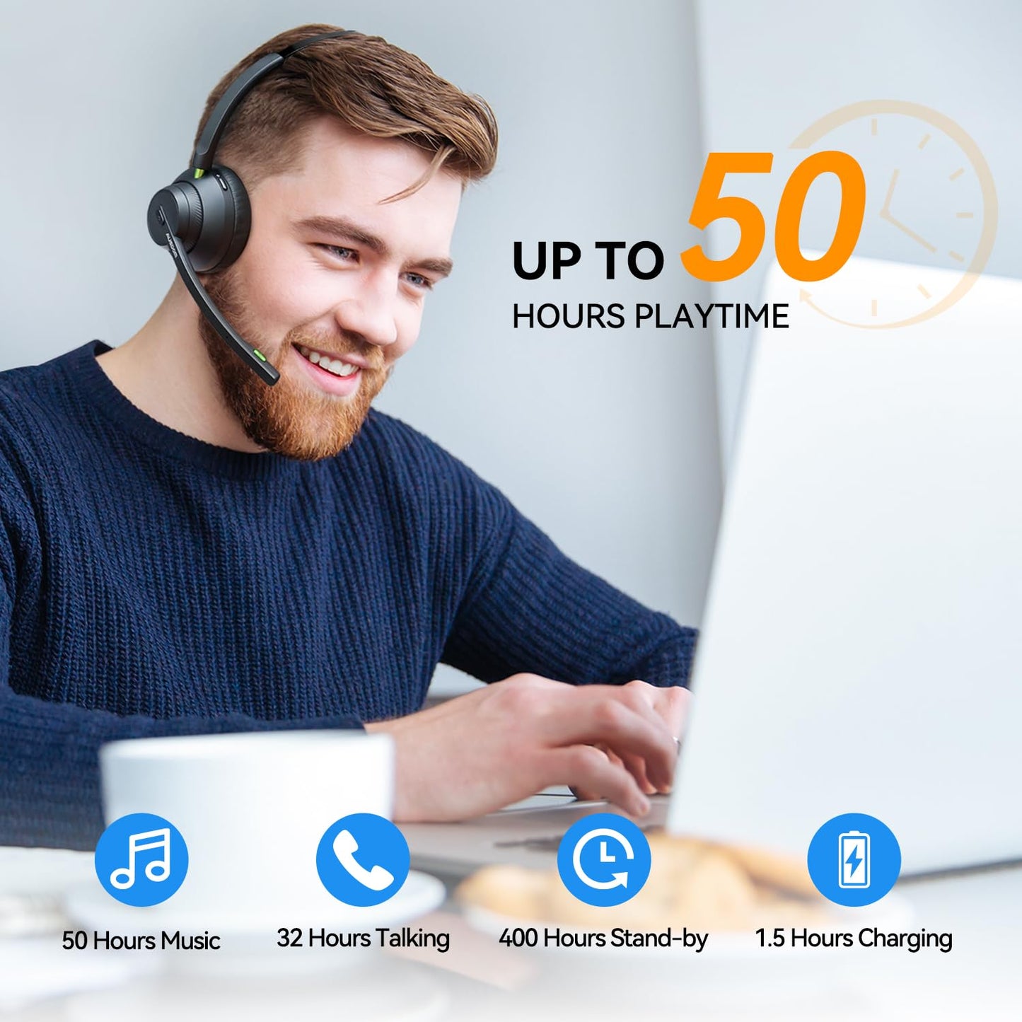 AUSDOM Trucker Bluetooth Headset with Microphone: A2301 Wireless 5.2 On-Ear Headset with AI Noise Cancelling Mic & Mute Button, 50H Playtime for Work