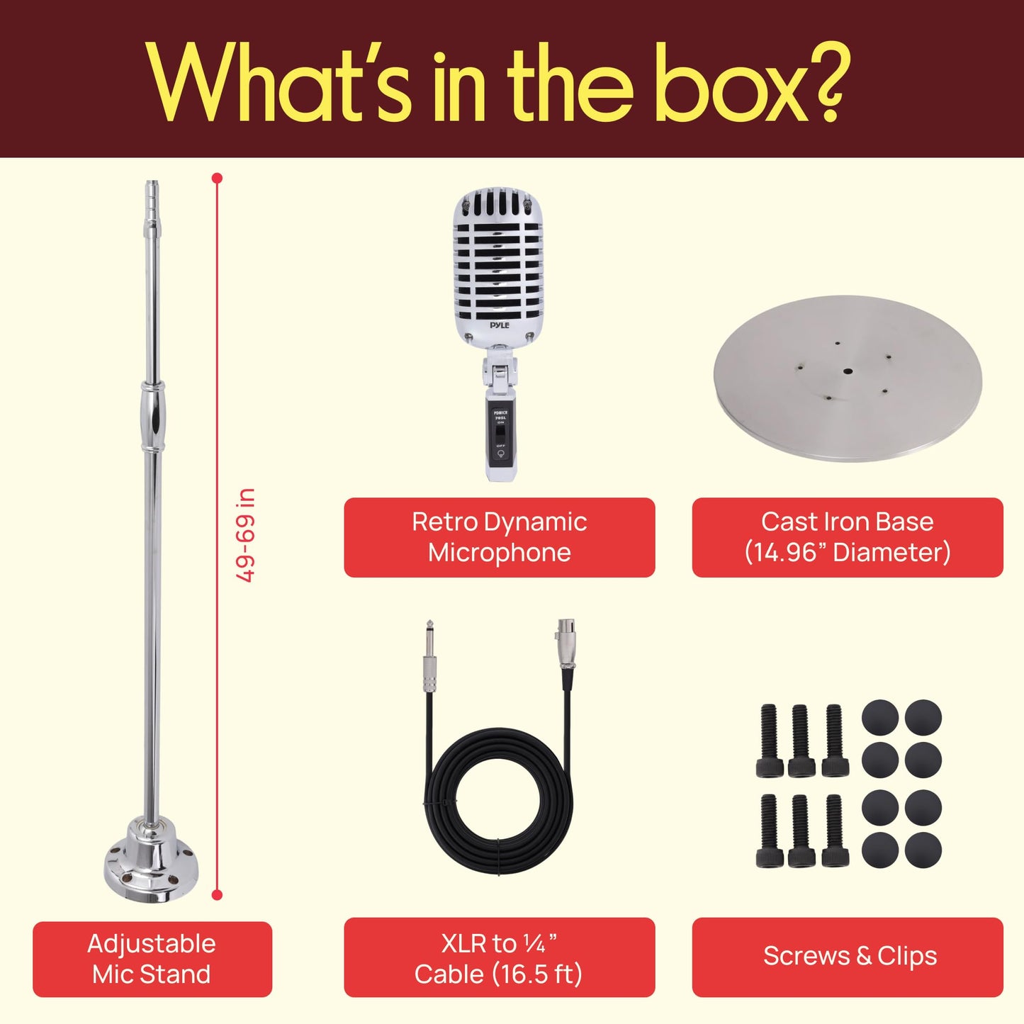 Pyle Retro Microphone, Classic Vintage Style, Unidirectional Audio, Adjustable Stand, XLR Cable, Silver Finish, Dynamic Vocal Performance Mic with