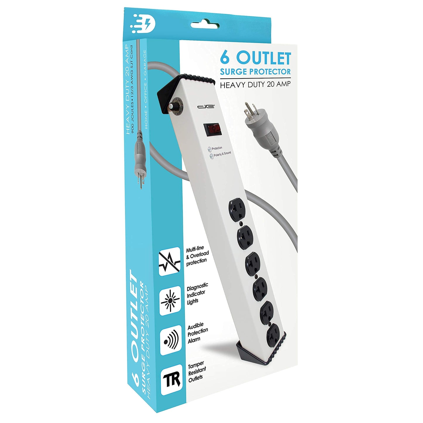 Digital Energy 20 Amp 6-20/T- Slot Plug | 25-Ft Cord - 900 Joule Surge Protector | 6-Outlet, Heavy Duty Steel Body Power Strip