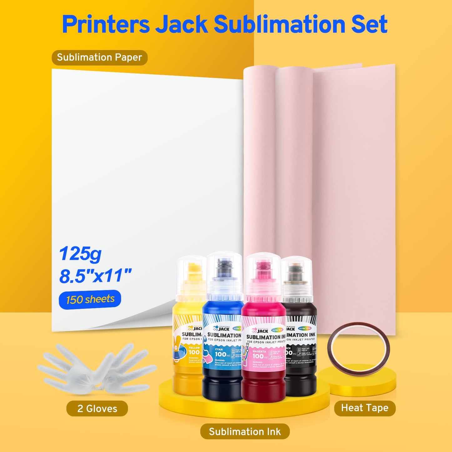 Printers Jack Sublimation Ink & 150 Sheet Sublimation Paper 8.5x11’’ 120G, Heat Tape Compatible for Inkjet Printer ET-2800 ET-15000 ET-2803 ET-2760