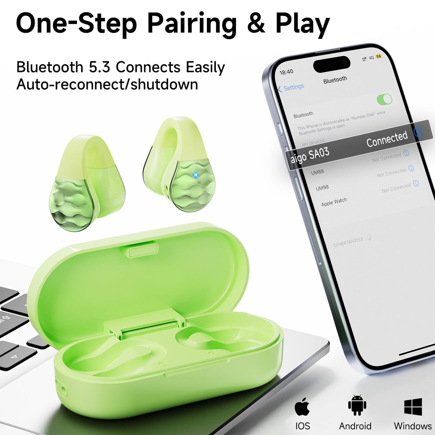 aigo Open Ear Earbuds, Wireless Bluetooth Earphone, Clip on Headphones, Over The Ear Earbuds for Fitness Running Gym Workouts, Built-in Mic, Wireless…