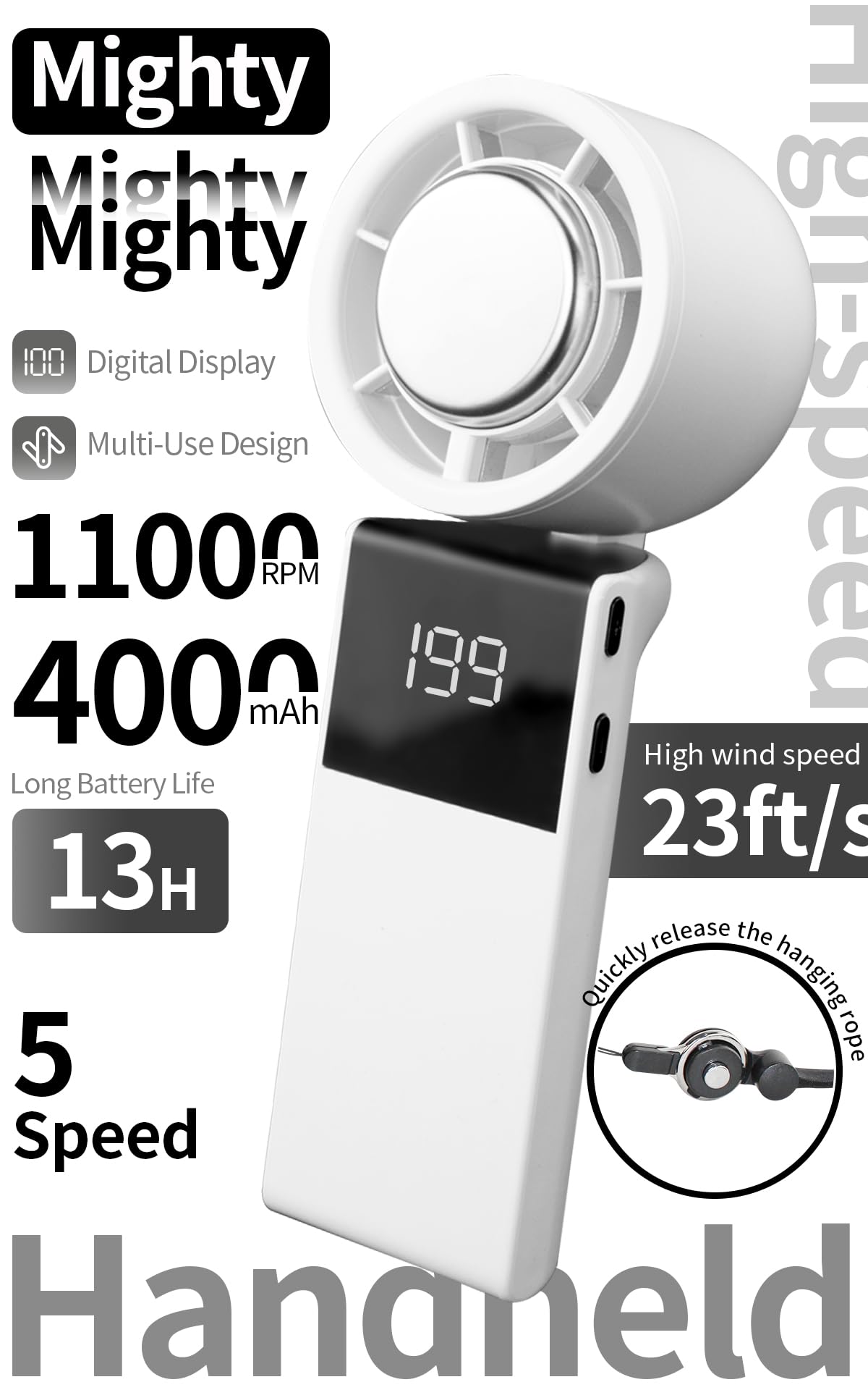 Vellunora Portable 3-in-1 Handheld Neck Fan, Semiconductor Cooling, 4000mAh Up to 13H Runtime, 11000RPM 7M/S Wind, 5 Speed Adjustable Quiet 50dB