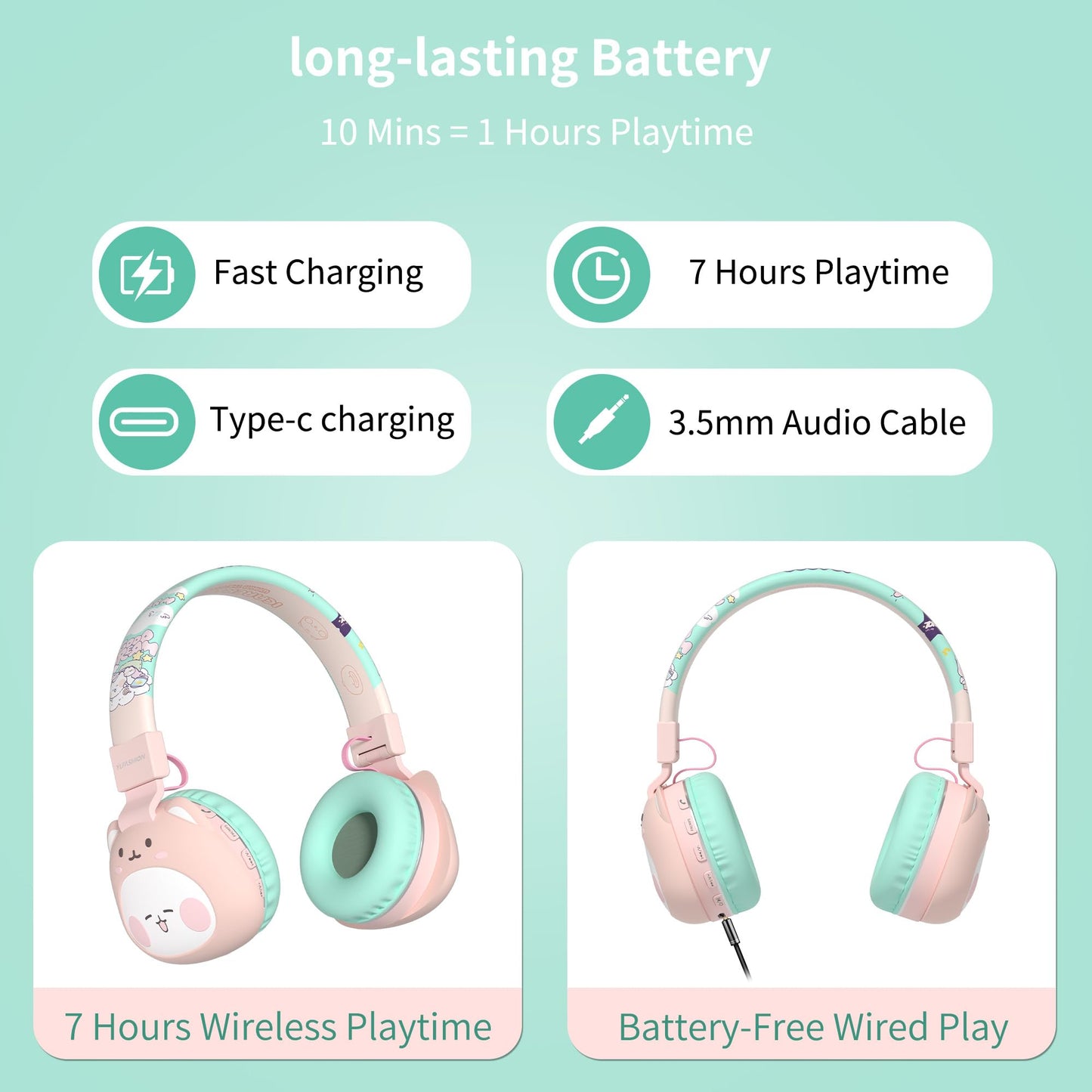 YLFASHION Kids Bluetooth Headphones, 85dB Volume Limit, Ultra-Soft Over-Ear, Built-in Mic, Foldable,Cartoon Animal Design, Suitable for School…