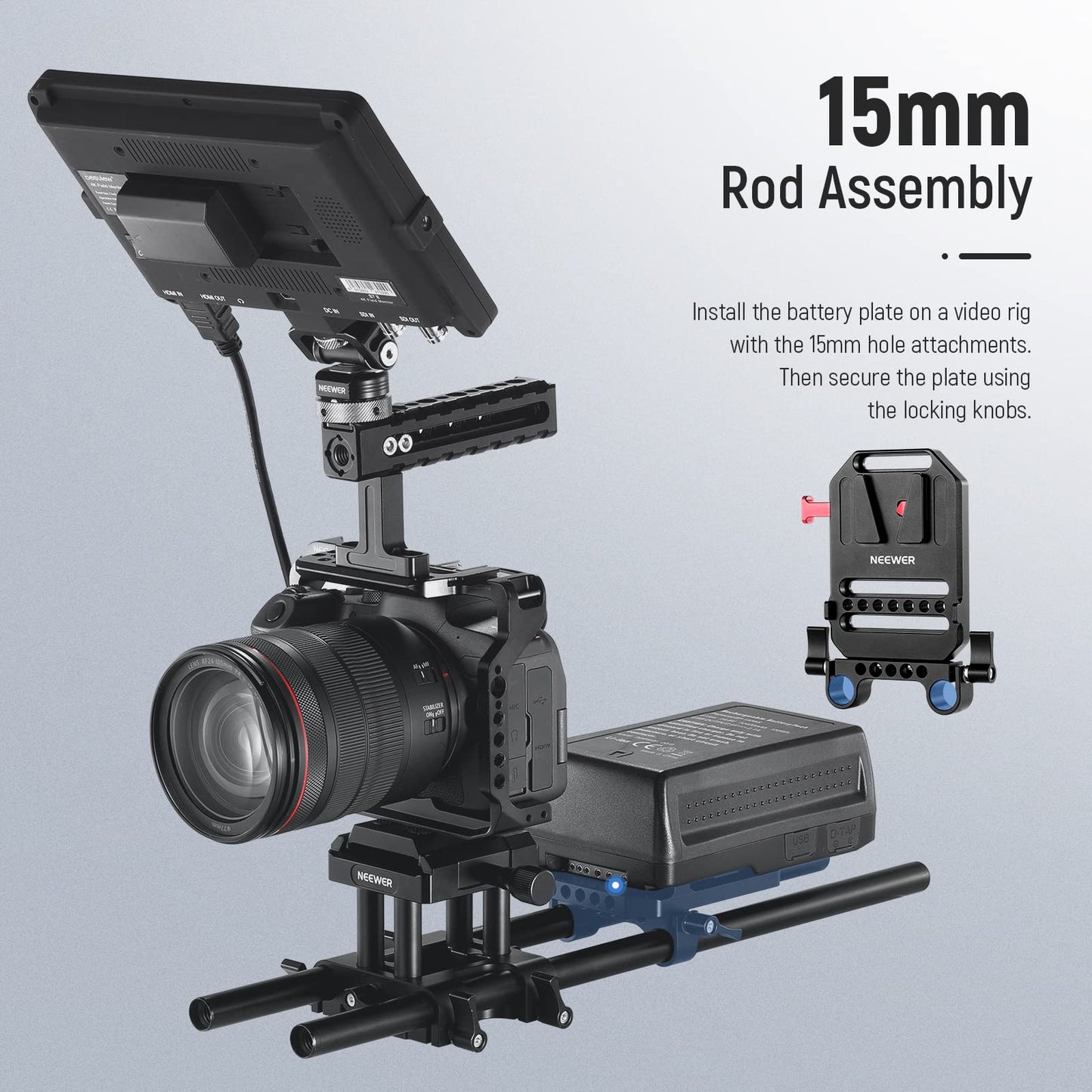 NEEWER V Mount Battery Plate with Dual 15mm Rod Clamps, 1/4" & 3/8" Threads, Metal V Lock Battery Mounting Plate Fits Camera Rig Cage with 15mm Rail