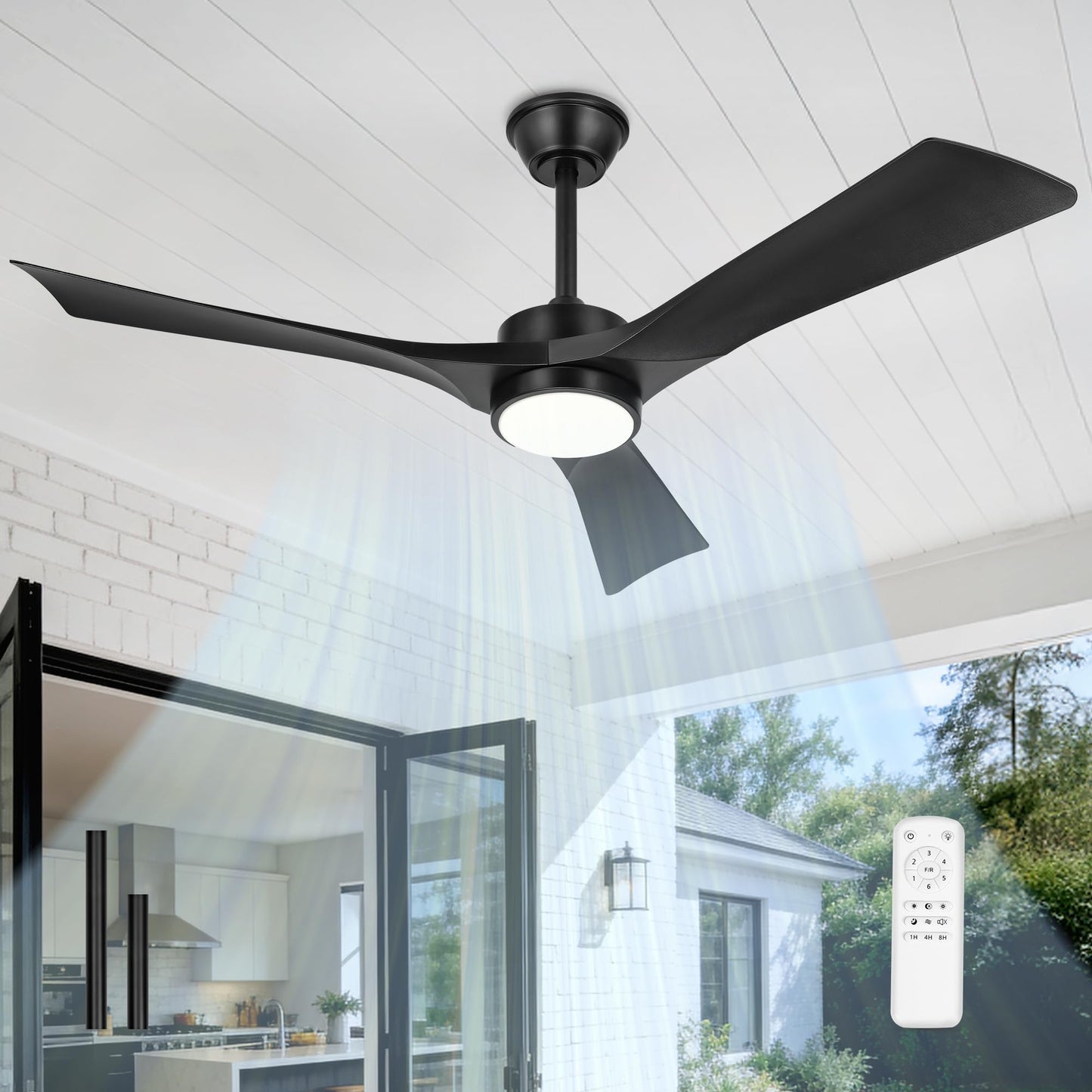 JAZAVA 52" 3-Blade Ceiling Fan with Light & Remote, Damp Rated, Black