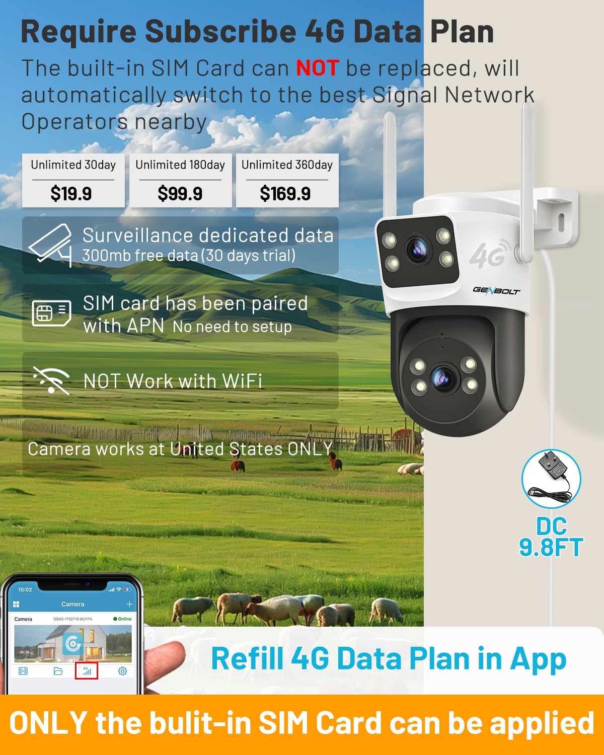 GENBOLT 4G LTE Cellular Security Camera Outdoor No WiFi, Dual Lens PoE Surveillance Camera CCTV with Sim Card, 24/7 Recording Plug in Wired IP Cam