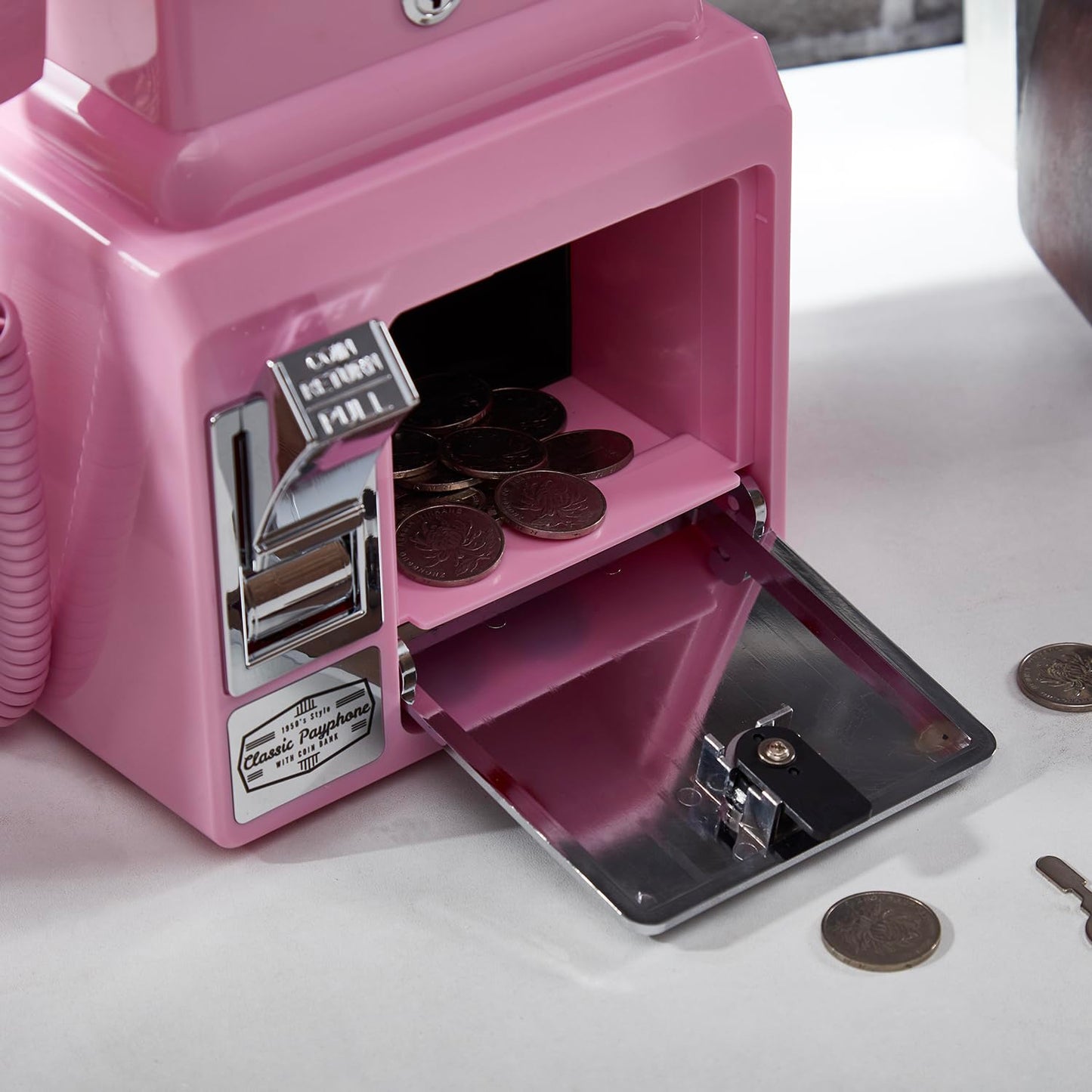 Ryan Bros. American Retro 1950's Payphone with Coin Bank Wall-Mount Corded Phone (Pink)
