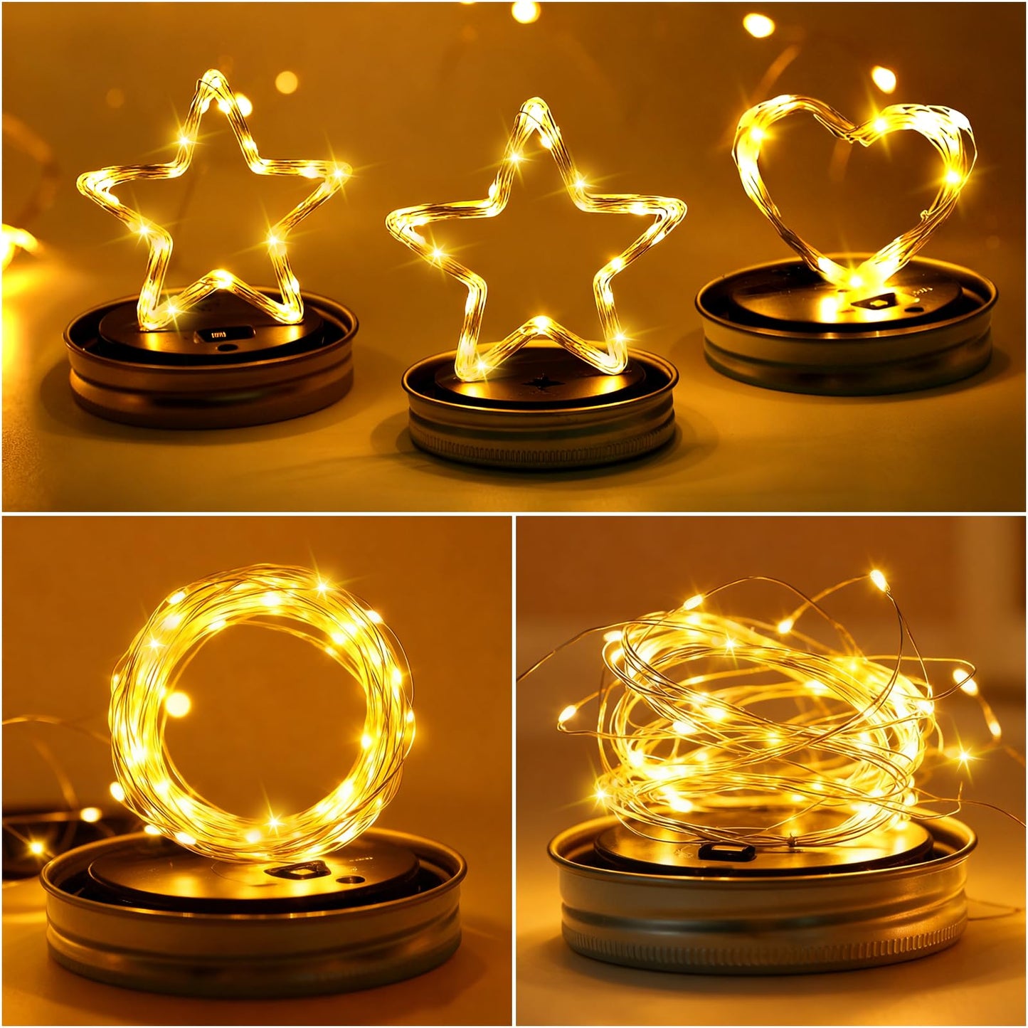 VOOKRY Solar Mason Jar Lights - 10 Pack 30 LED Waterproof Outdoor Fairy Firefly Jar Lids String Lights with Hangers (No Jars) for Mason Jars Patio