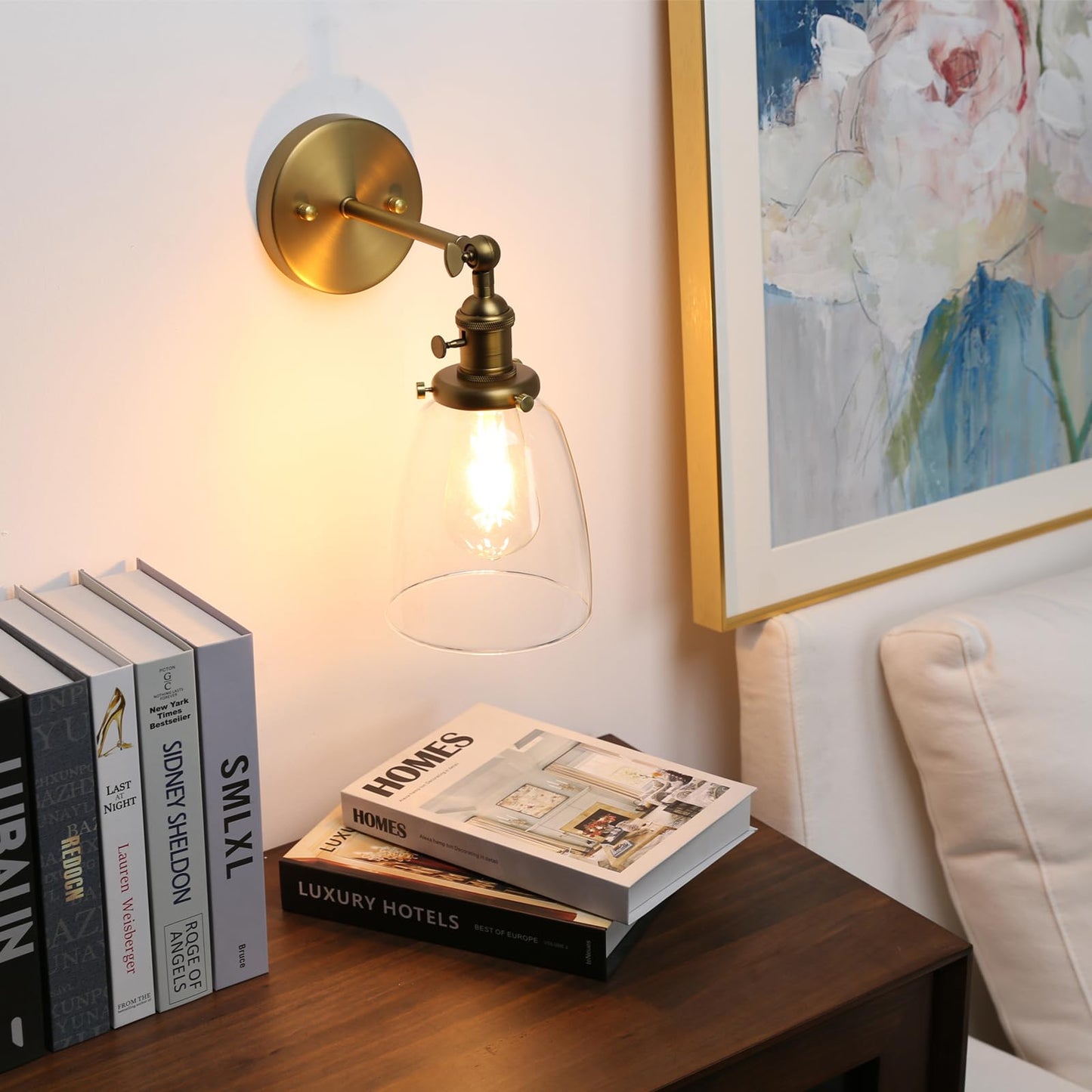 Pathson Vintage Wall Sconce Lighting with On Off Switch, Clear Glass Shade Brass Vanity Light, Industrial Wall Fixtures for Living Room Bathroom